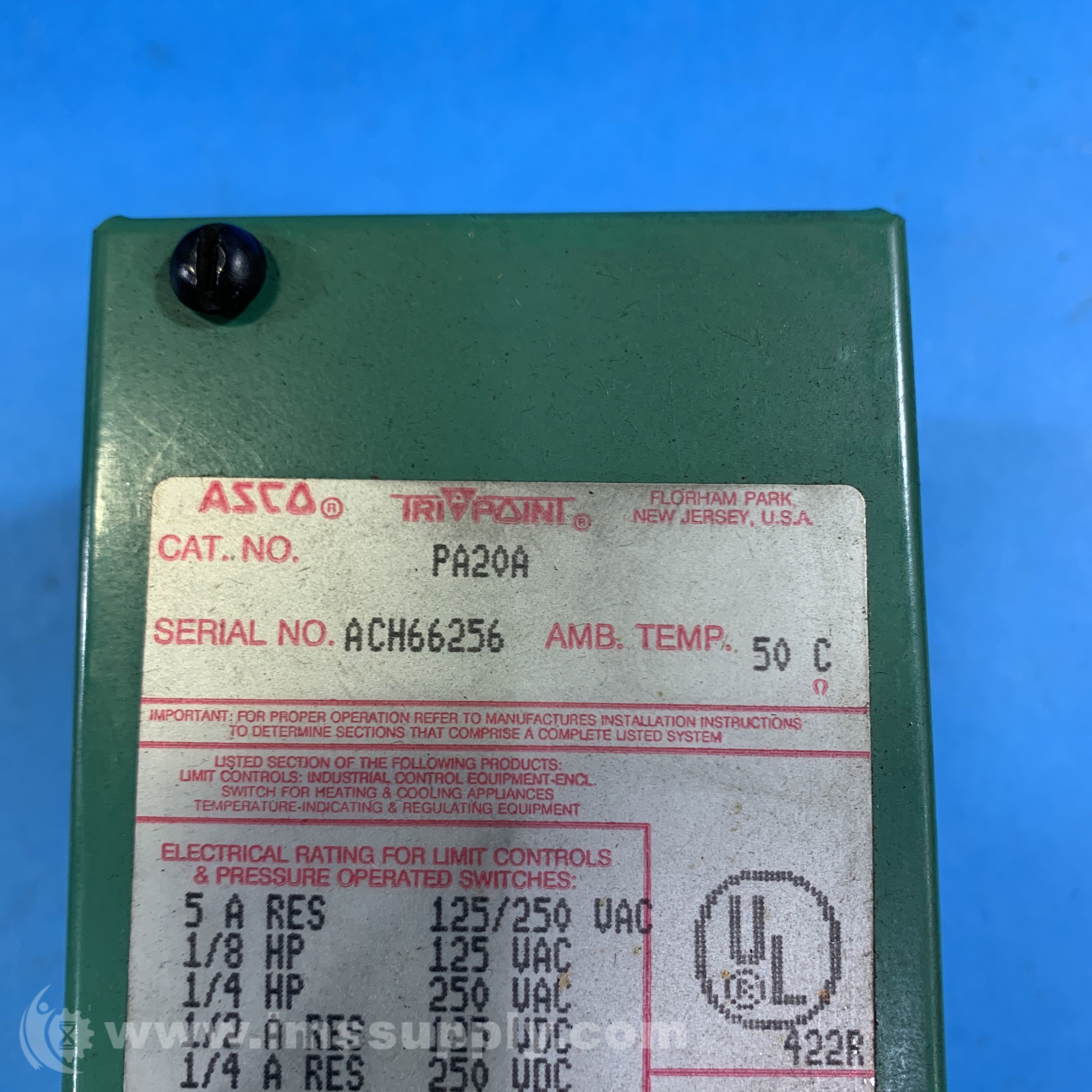 Asco PA20A Pressure Switch SingleStage Adjustable Deadband IMS Supply