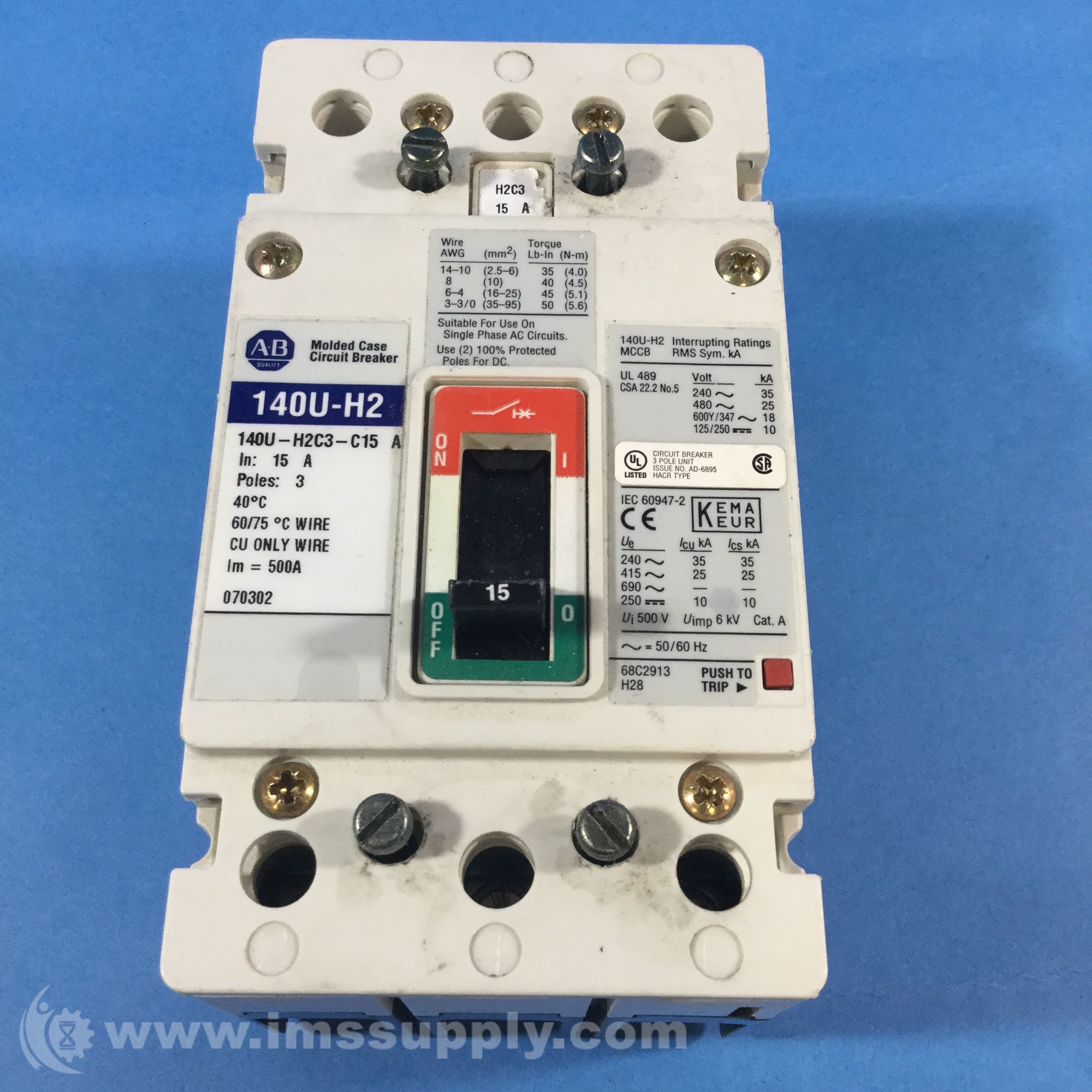 Allen Bradley 140U-H2C3-C15 H Frame Molded Case Circuit Breaker - IMS ...