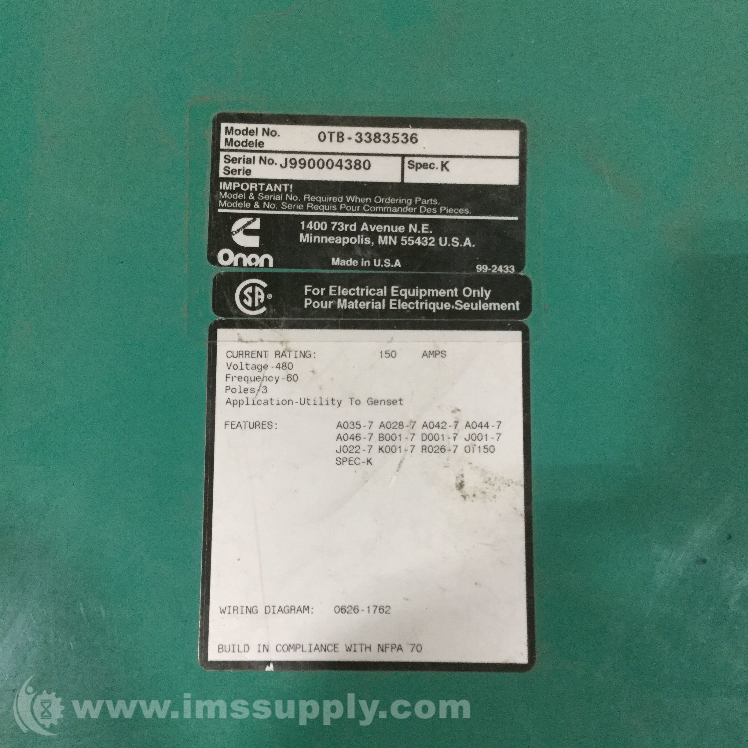 Cummins OTB-3383536 Automatic Transfer Switch - IMS Supply