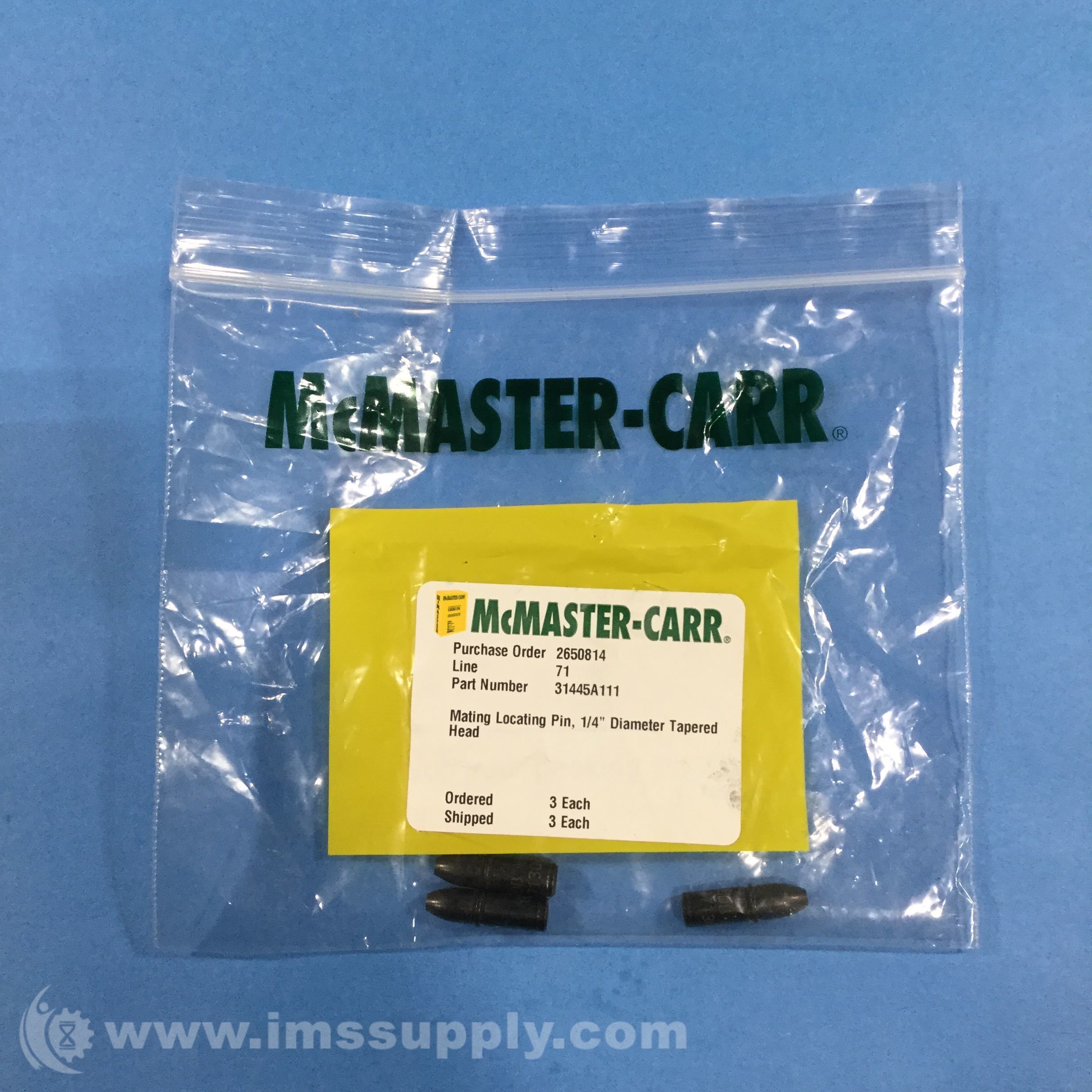 McMasterCarr 31445A111 Mating Locating Pins, Bag of 3 IMS Supply