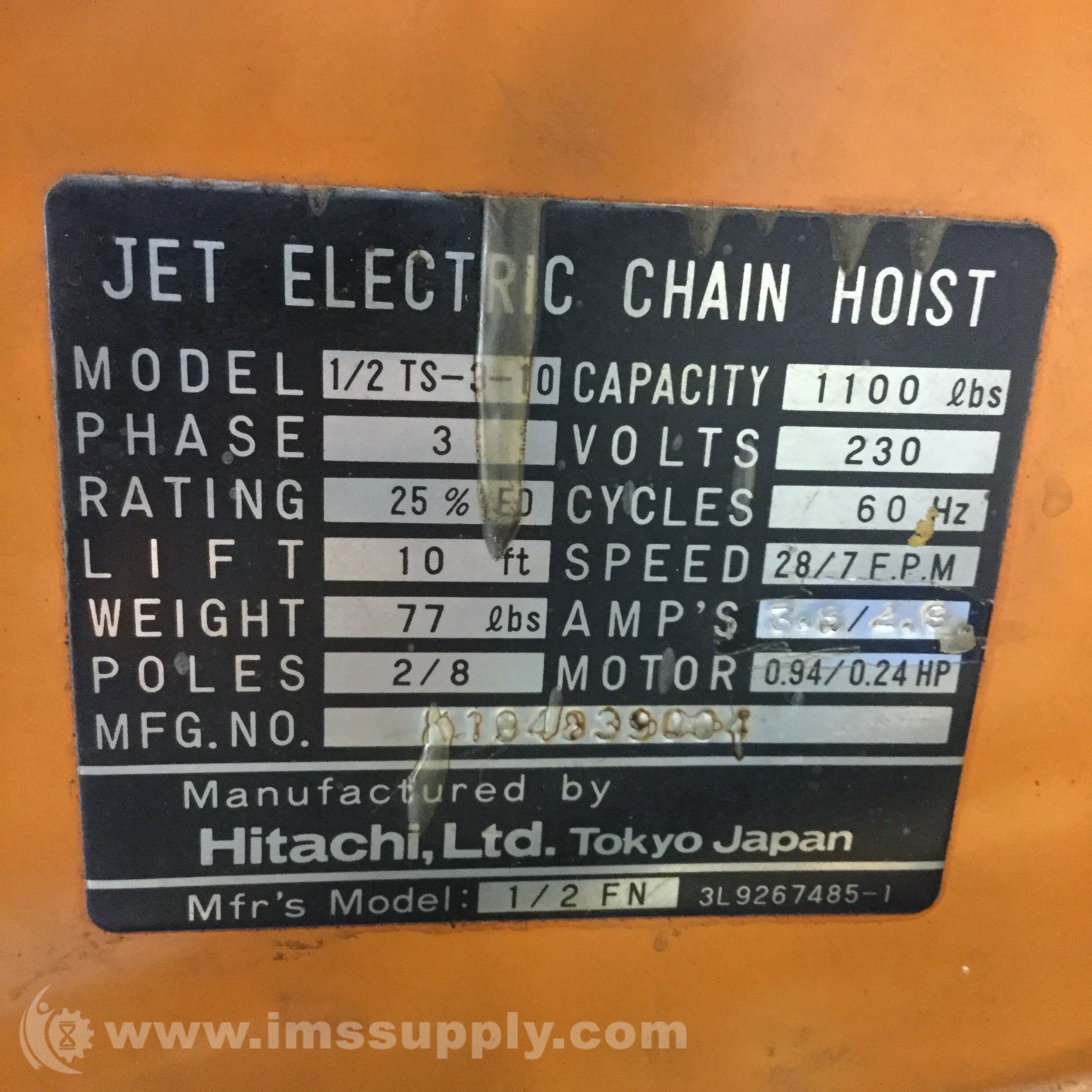 Hitachi K194839004 F Series Dual Speed Electric Chain Hoist Hitachi K194839004 F Series Dual Speed Electric Chain Hoist