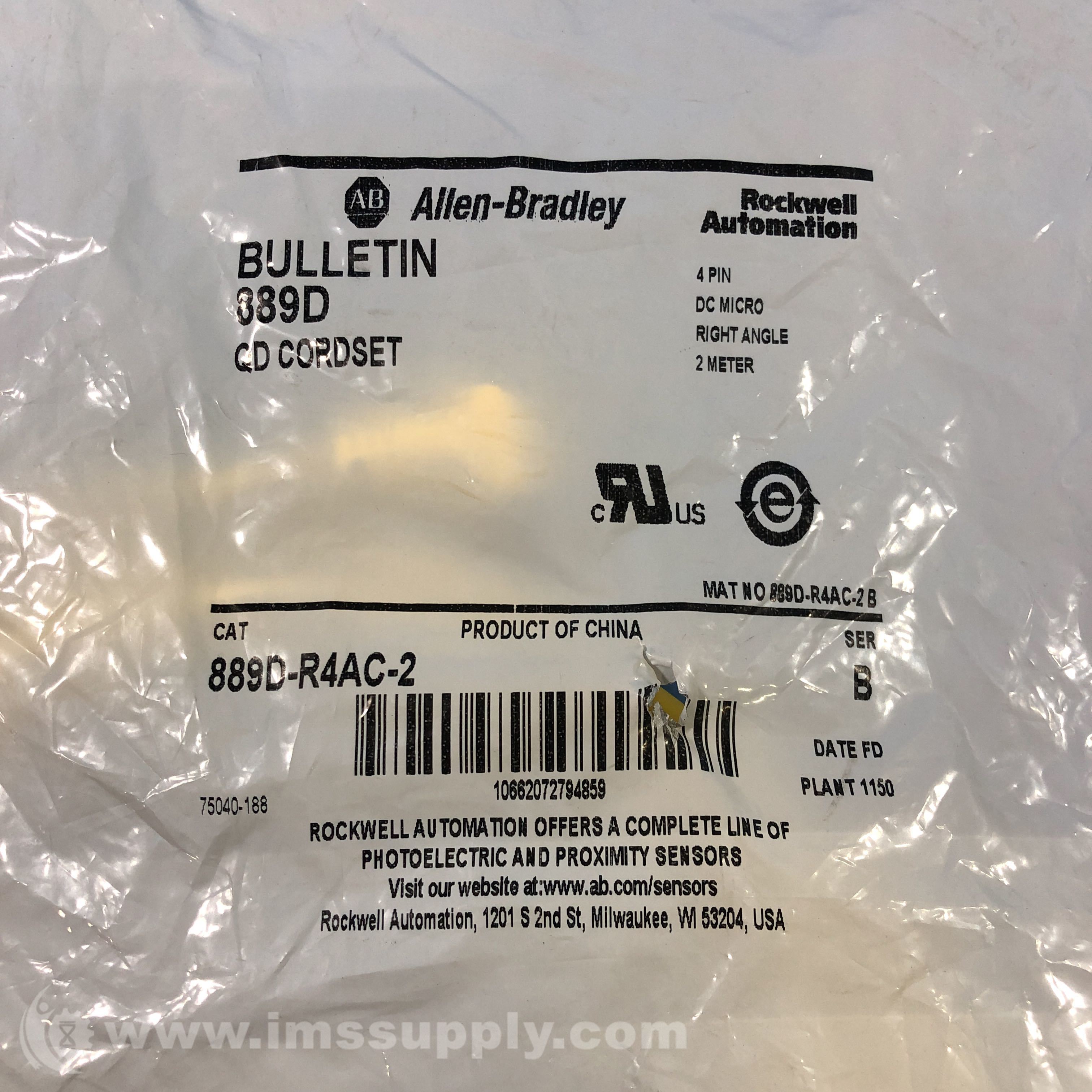Allen Bradley 889D-R4AC-2 DC Micro Cable, Female, Rt Angle Female - IMS ...