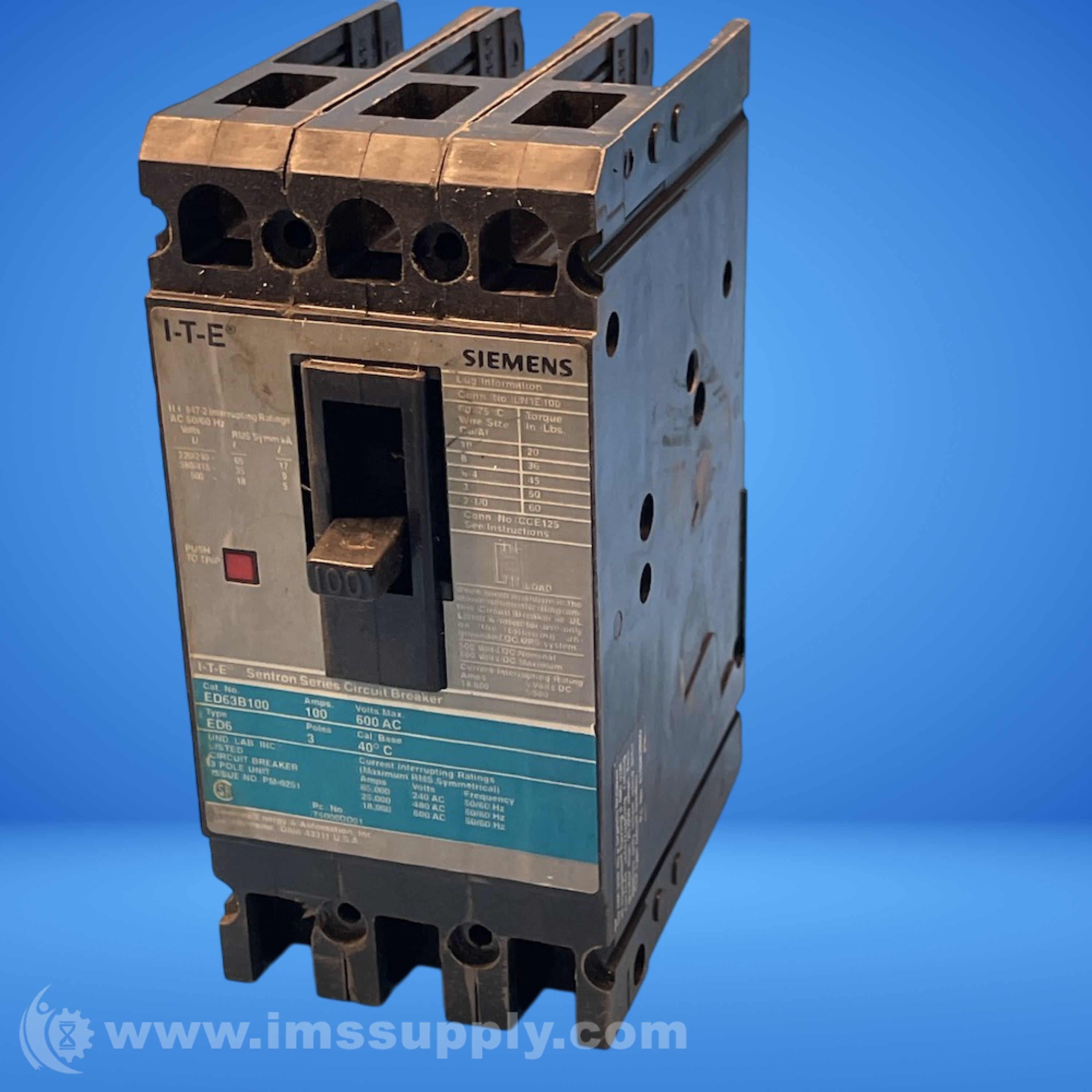Siemens ED63B100 3-Pole Circuit Breaker - IMS Supply