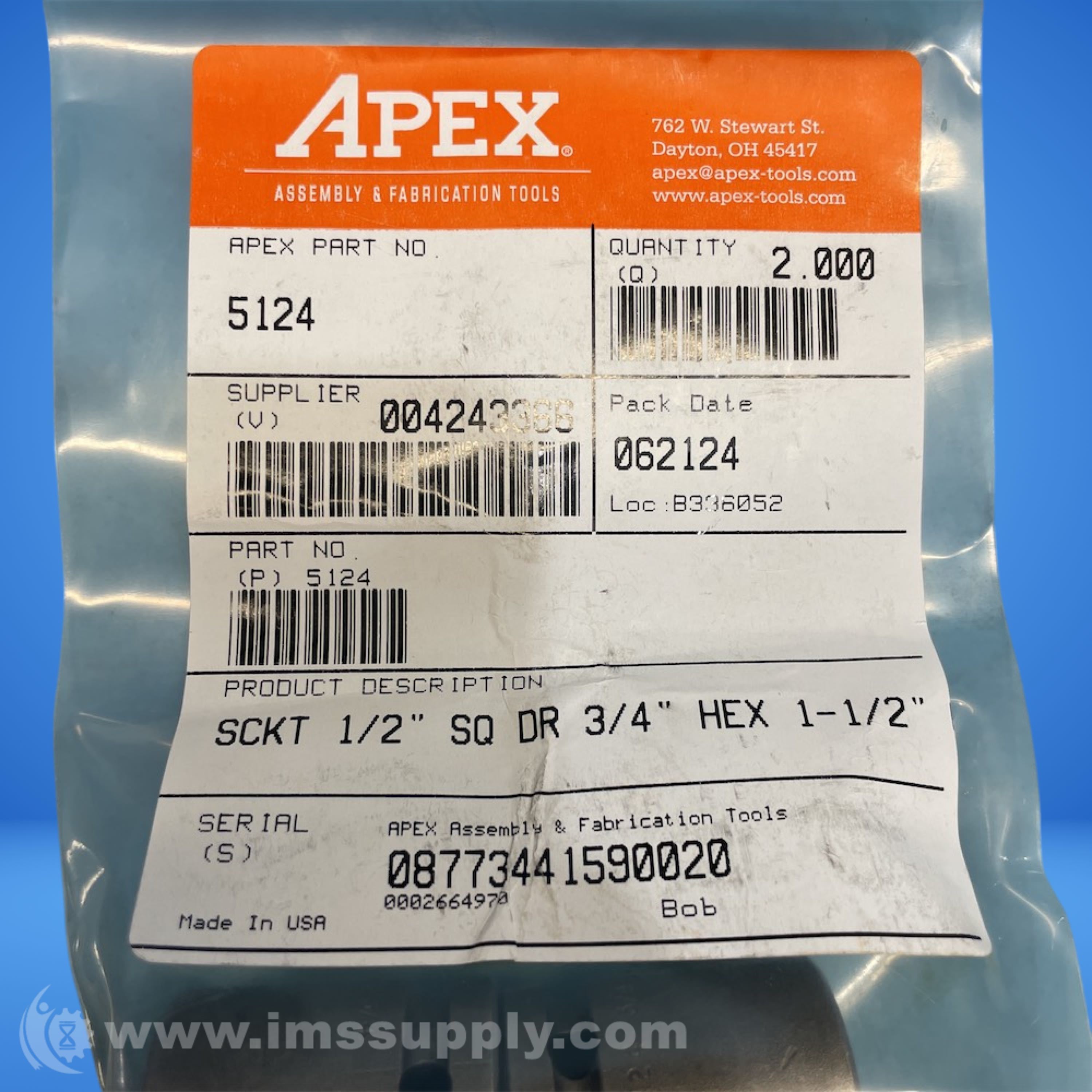 APEX 5124 Bag of 2 6-Point Standard Impact Sockets - IMS Supply