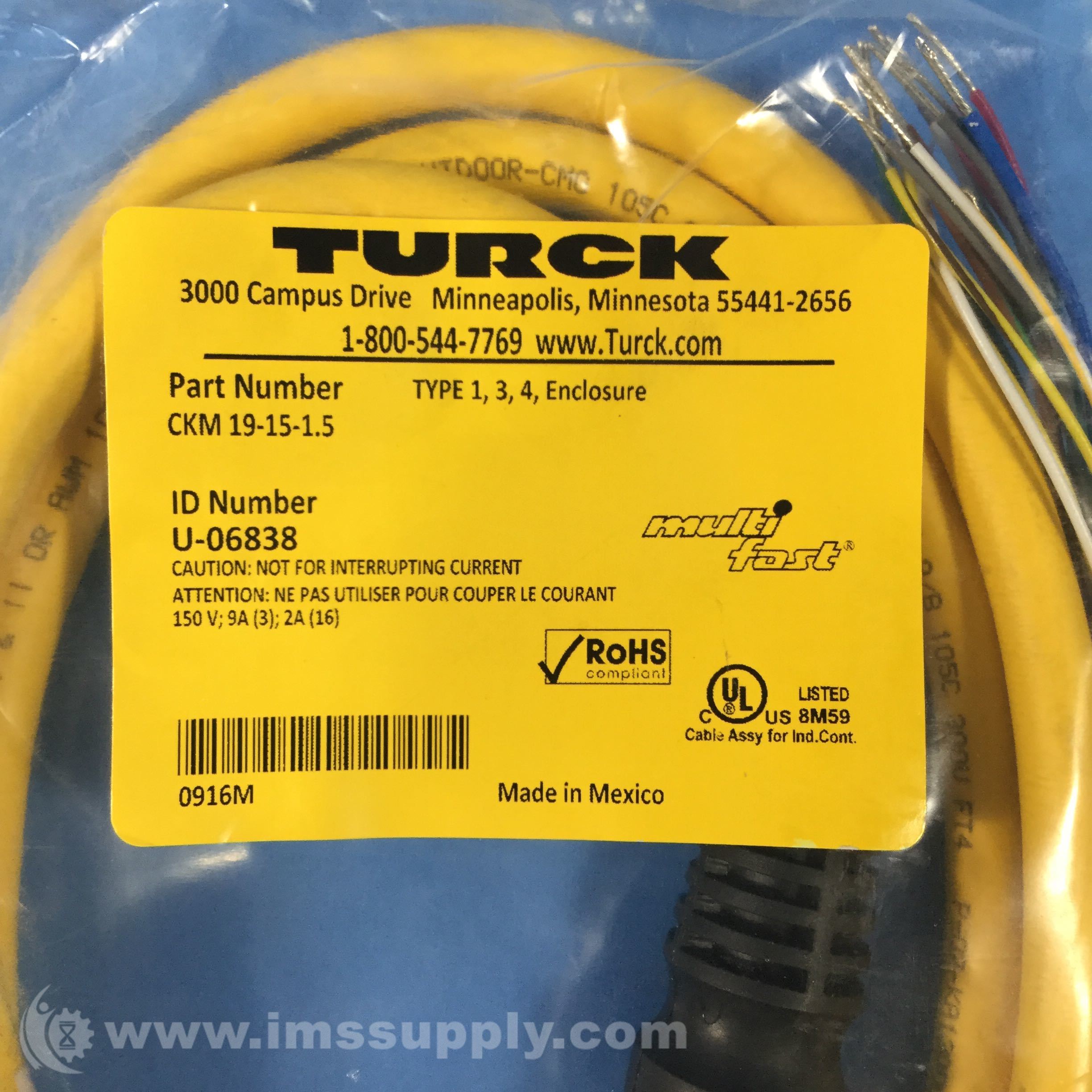 Details about   Turck Inc CKM19-15-2 Cord Set Length 2 Meters 