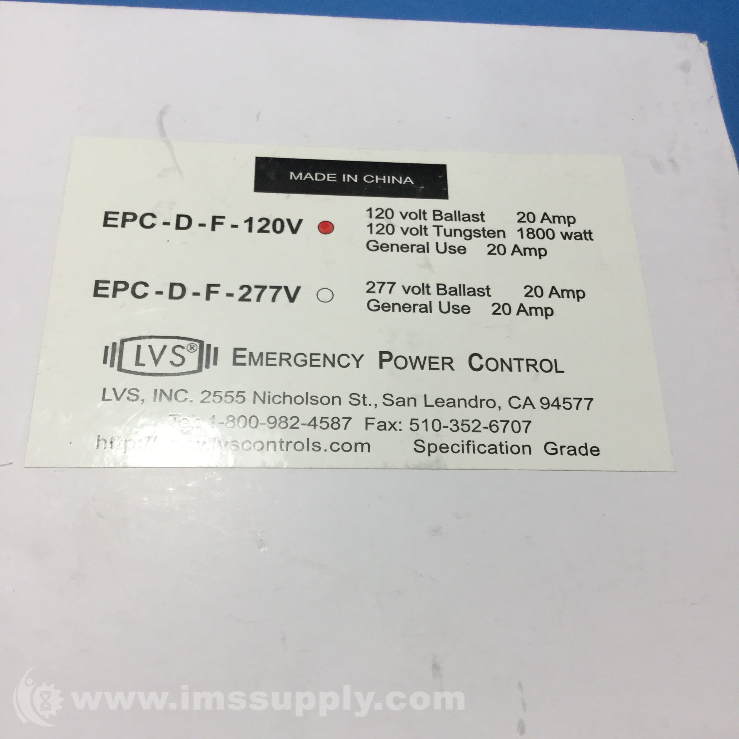 LVS Inc EPCDF120V Emergency Power Transfer Control IMS Supply