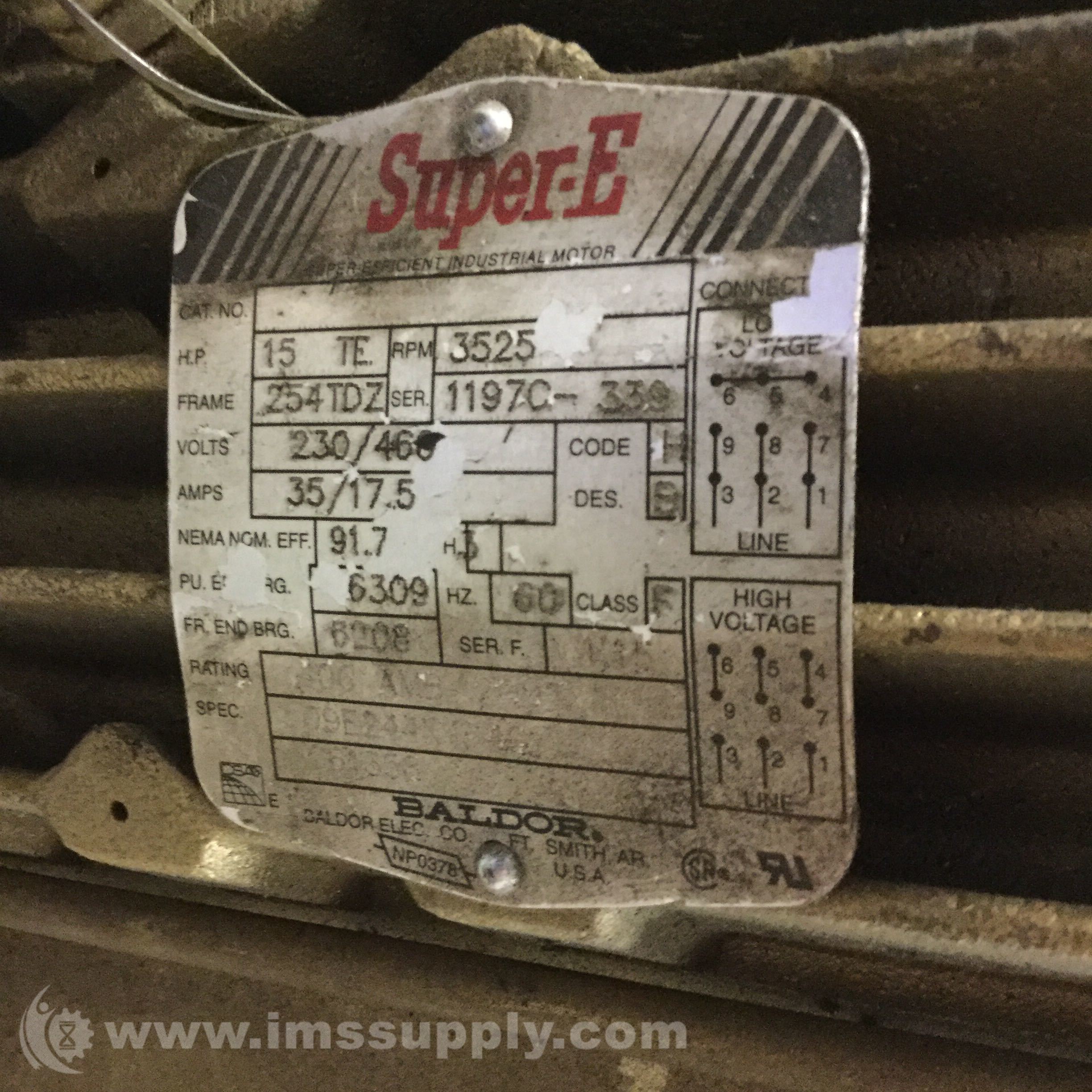 Baldor 254TDZ Motor 15TE HP 254TDZ Frame 3525RPM 230/460V - IMS Supply