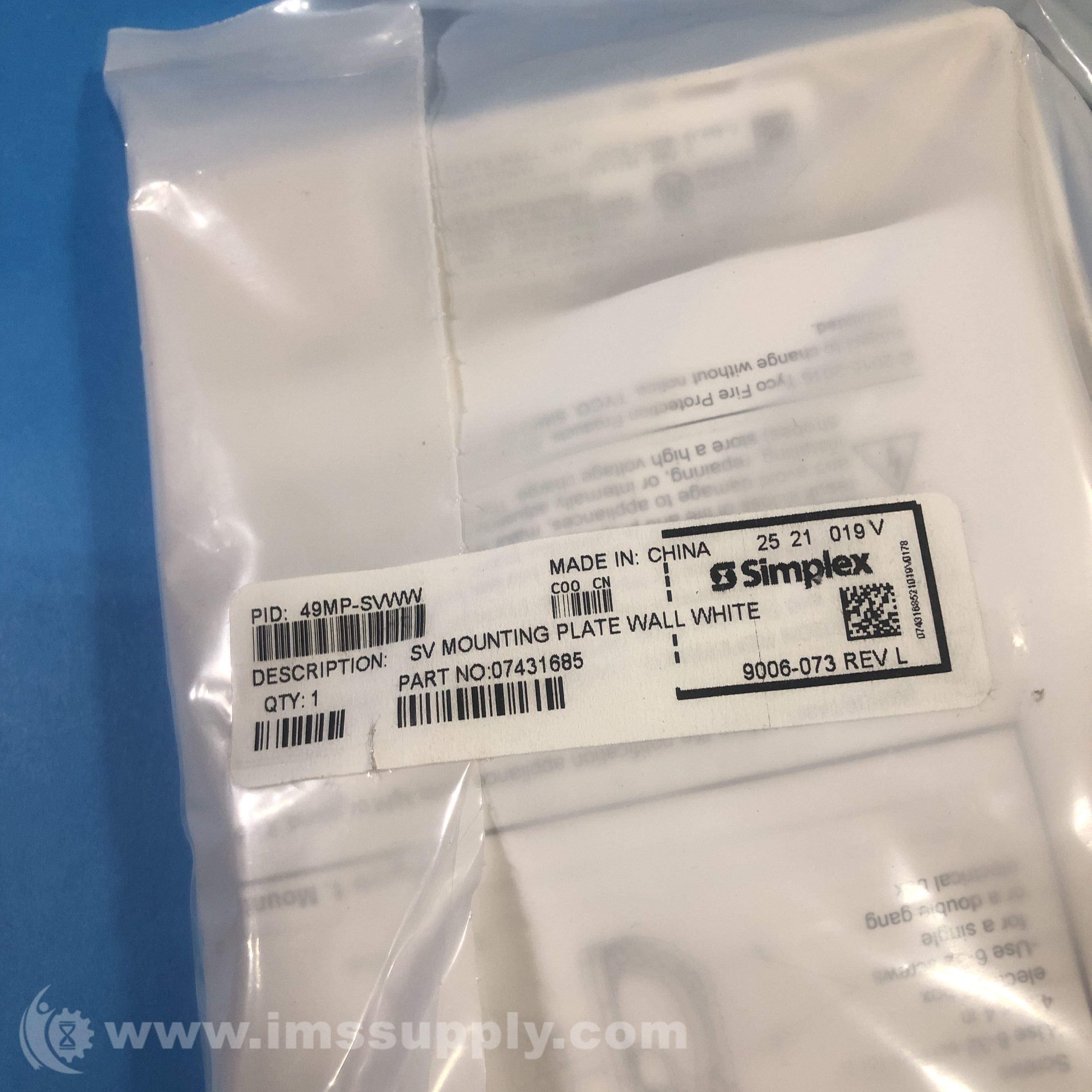 Simplex 07431685 49MP-SVWW White SV Mounting Plate Wall White - IMS Supply