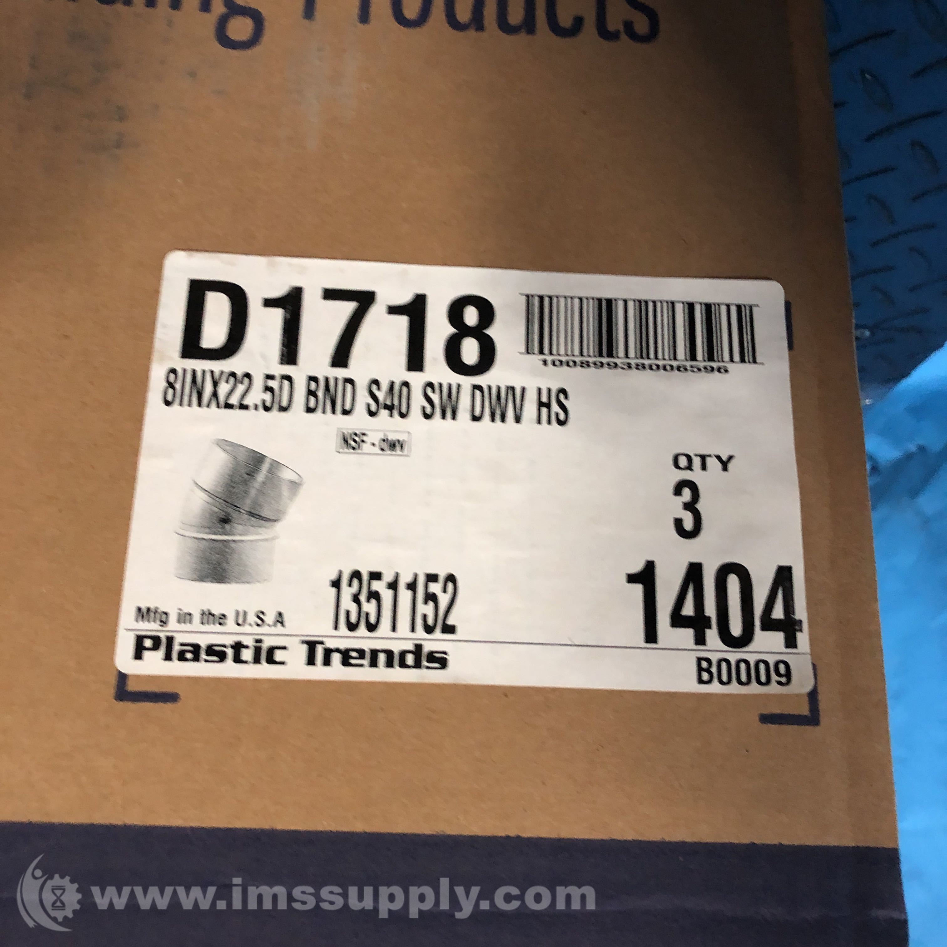 Plastic Trends, Inc D1718 Box of 3 8 IN X 22.5D 1/16 PVC Fittings IMS
