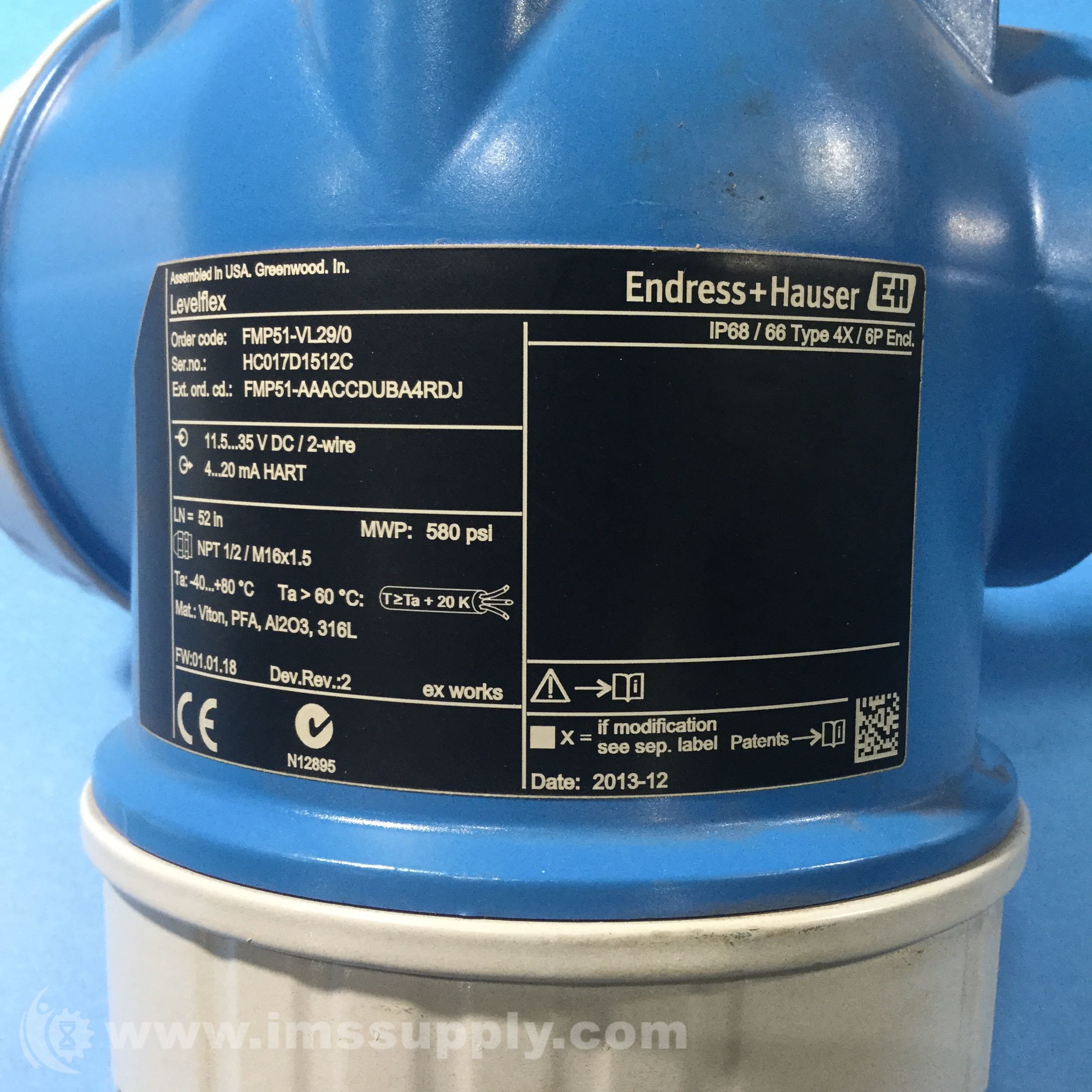 Endress & Hauser FMP51VL29/0 Levelflex Sensor, 580PSI IMS Supply