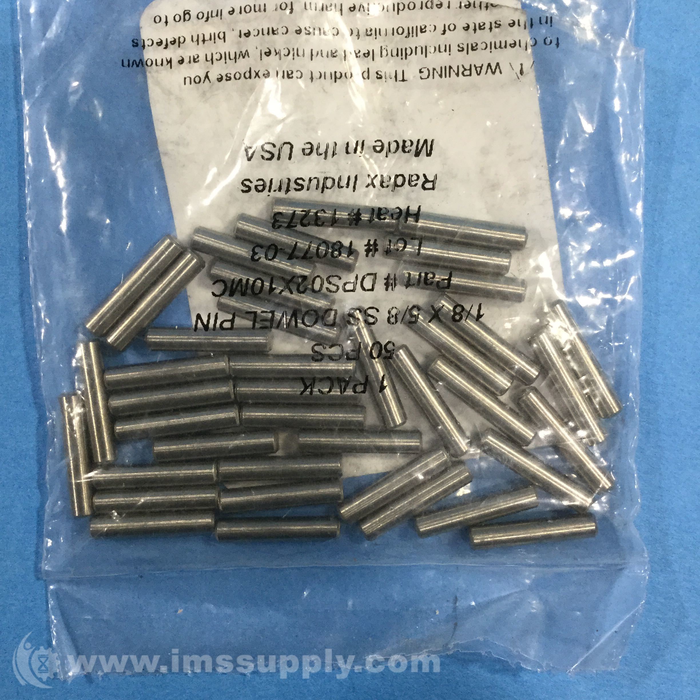 McMasterCarr 90145A472 Bag of 50 Stainless Steel Dowel Pin IMS Supply