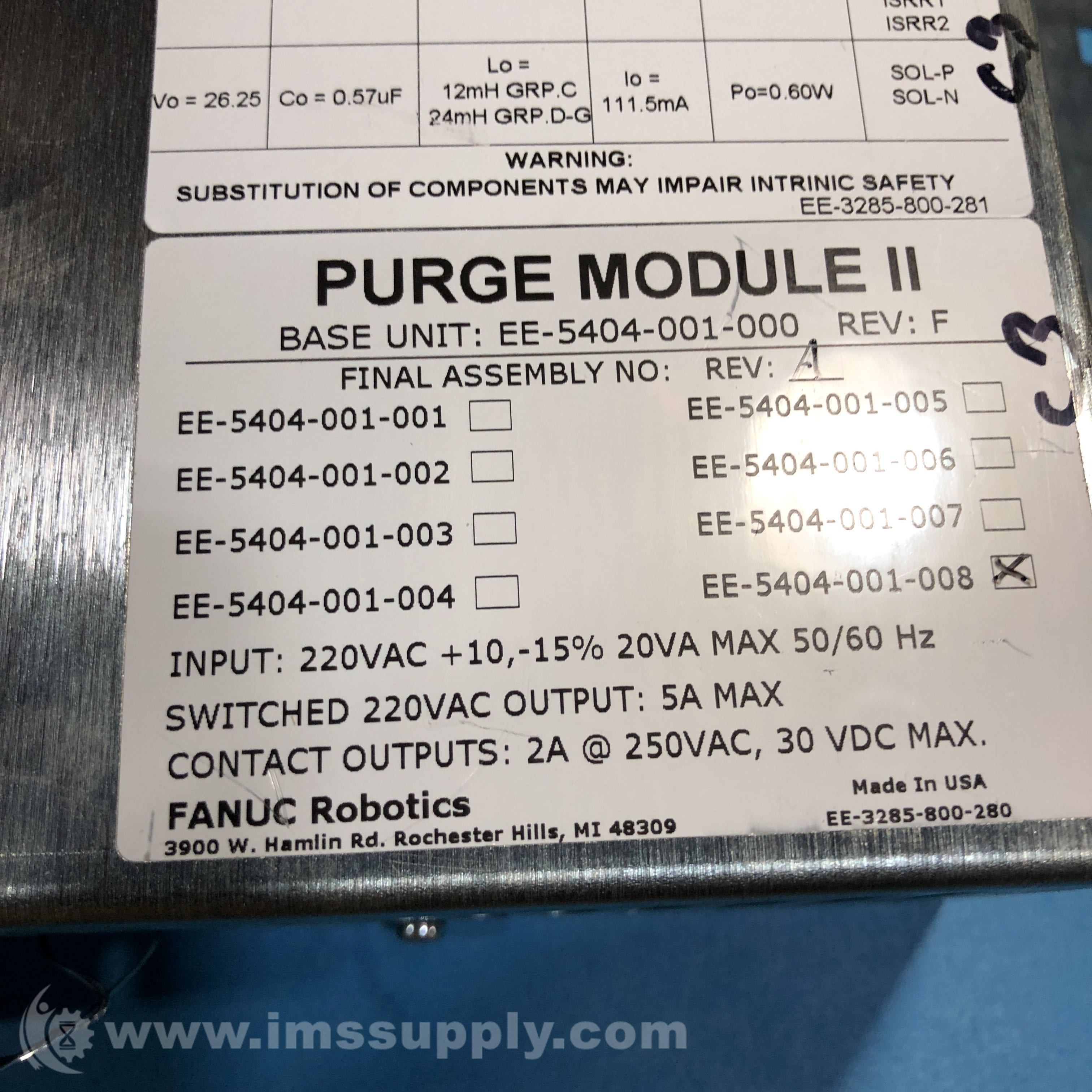 Fanuc EE-5404-001-008 Revision F Purge Module II, 4 Fuse, 5.3 Min - IMS ...