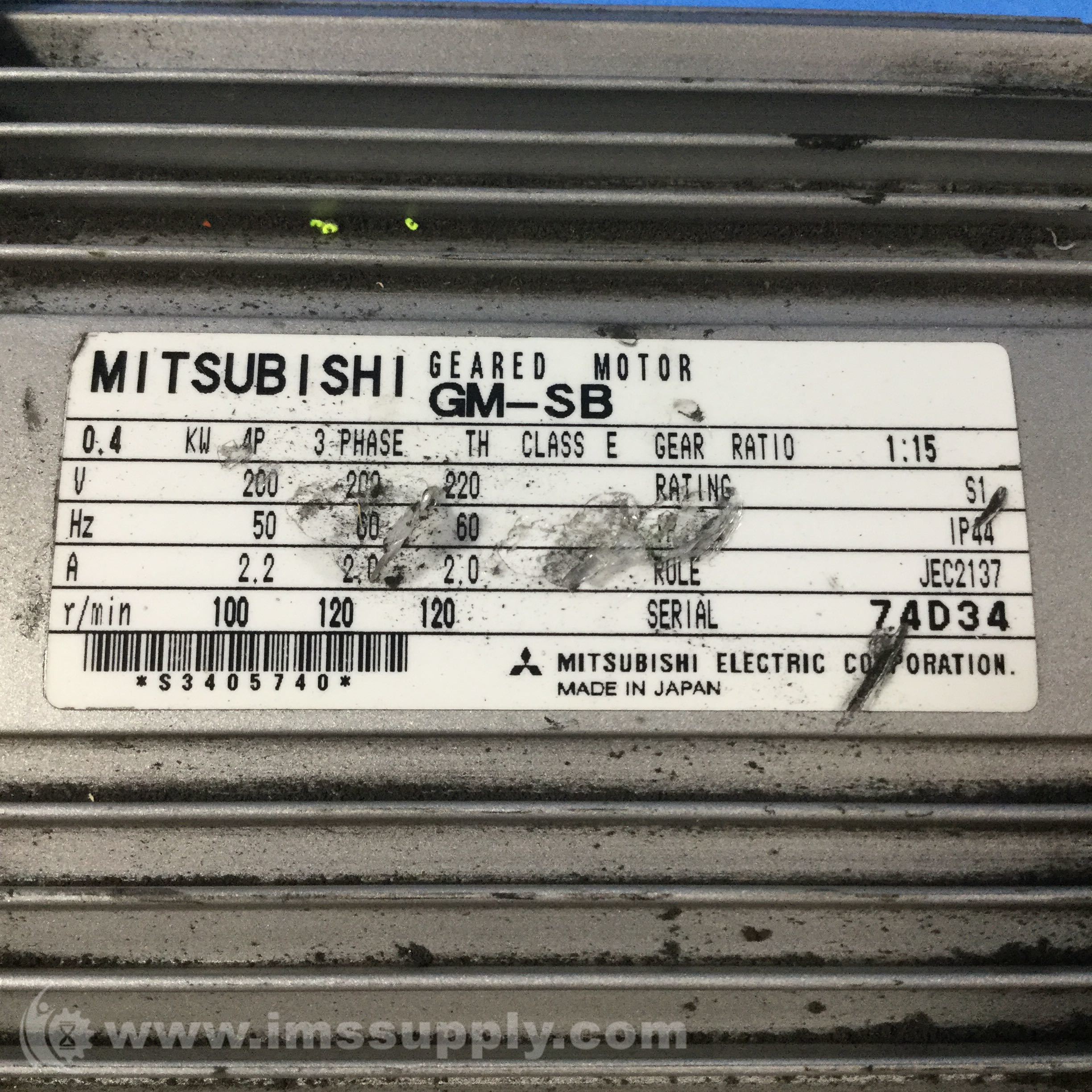Mitsubishi GMSB Geared Motor, 0.4KW, 4P, 3Phase IMS Supply