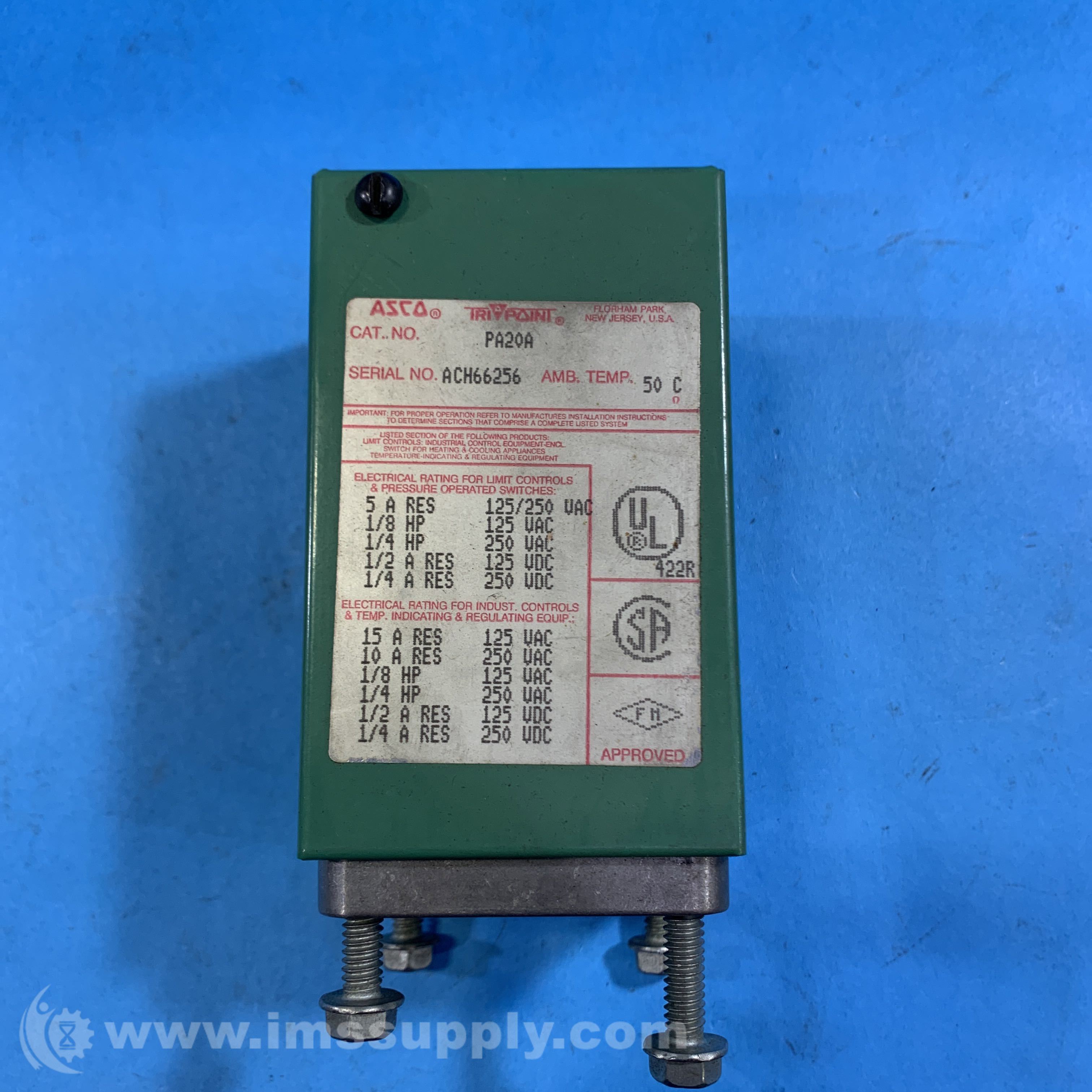Asco PA20A Pressure Switch SingleStage Adjustable Deadband IMS Supply
