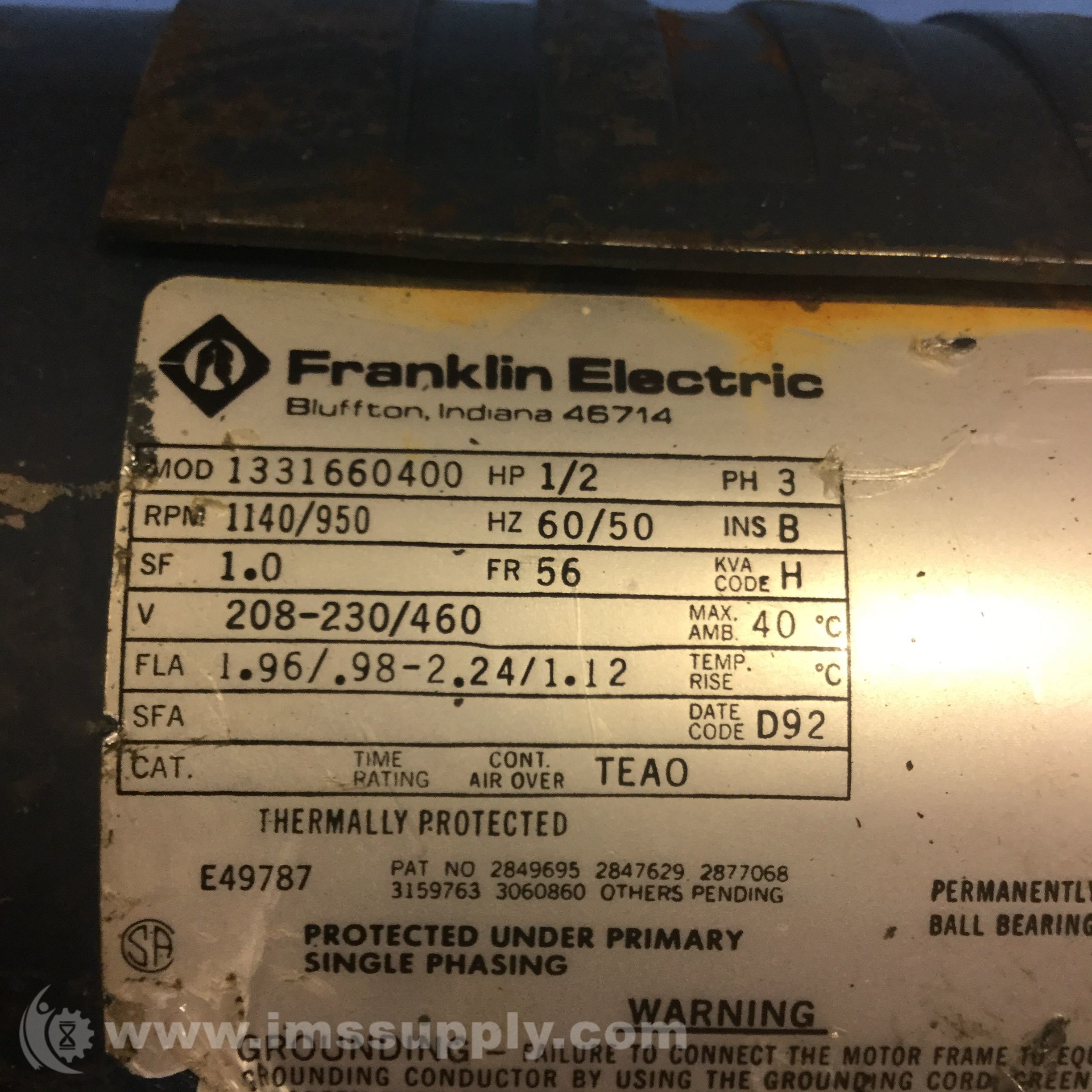 Franklin Electric 1331660400 Motor 0.5HP 1140/950RPM 208230/460V IMS