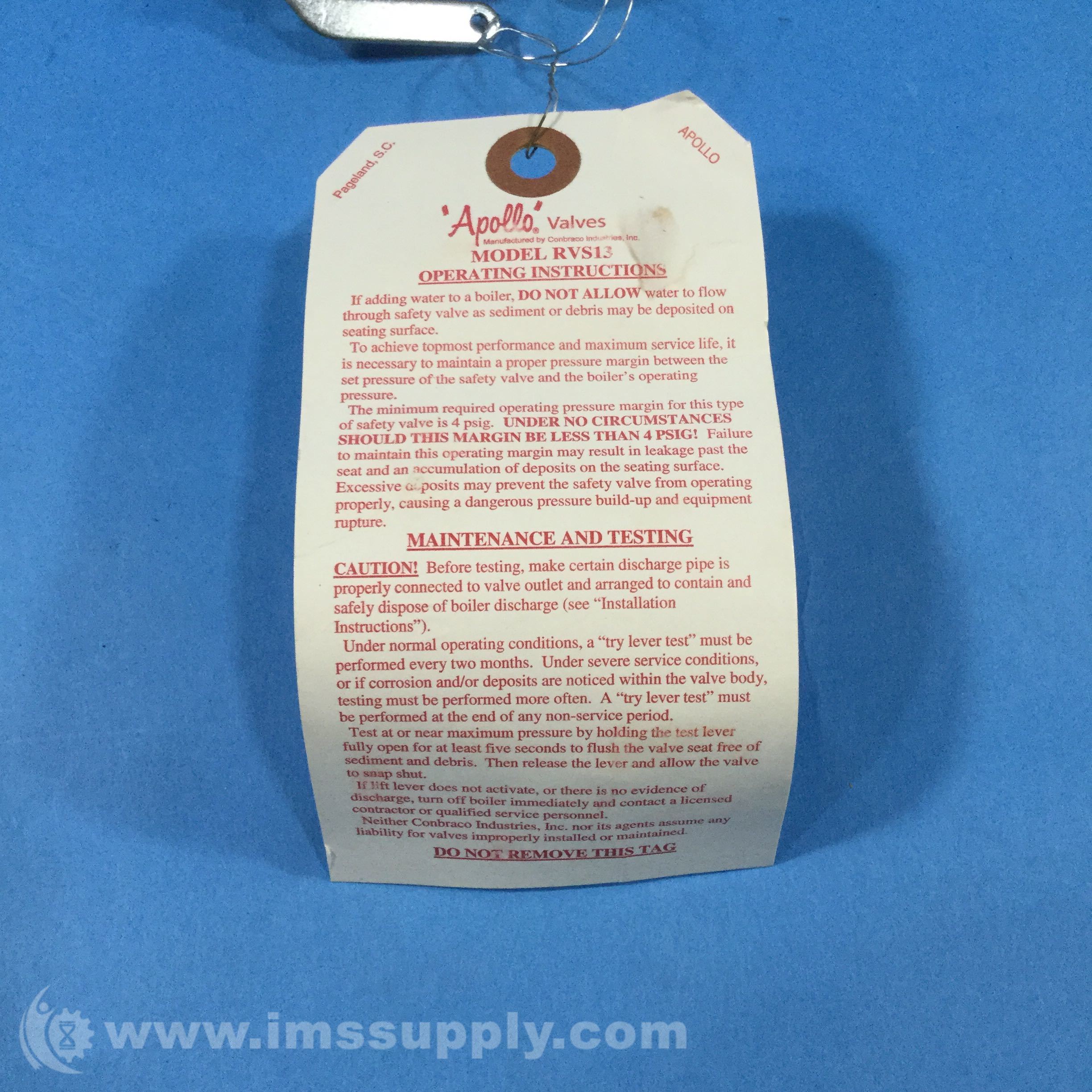 Apollo RVS13-34 Size 3/4 Inch Bronze Safety Relief Valve - IMS Supply