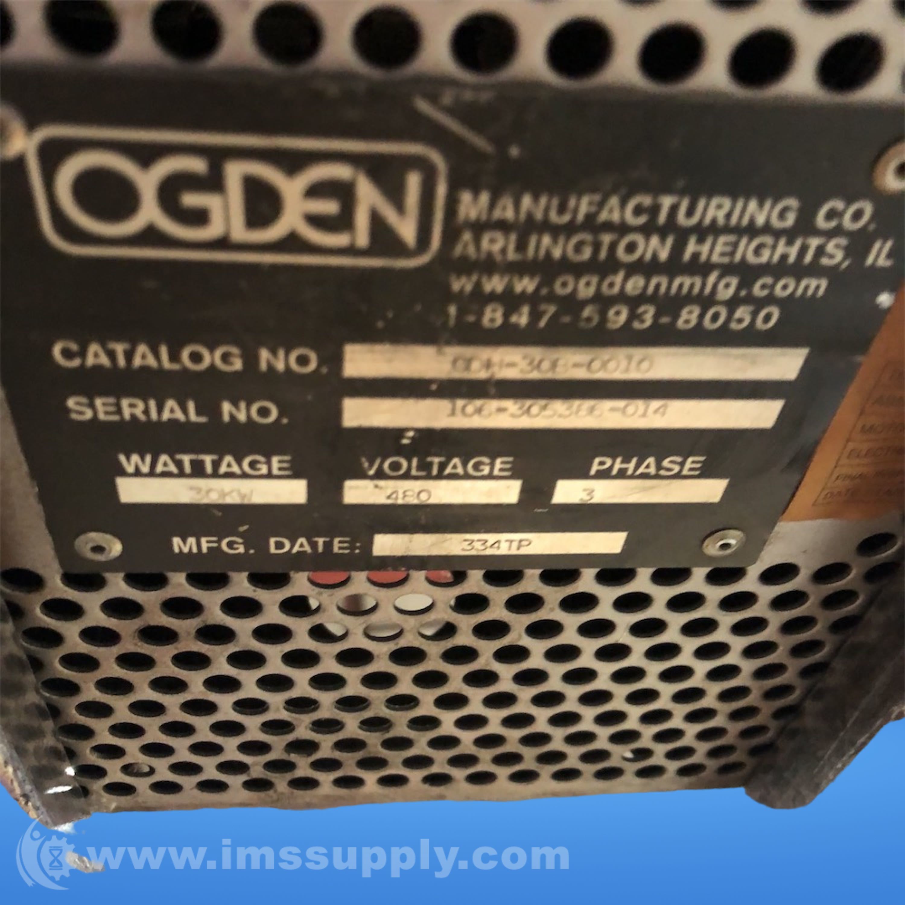 Ogden ODH30B0010 High Temperature Process Air Heater, 480V IMS Supply