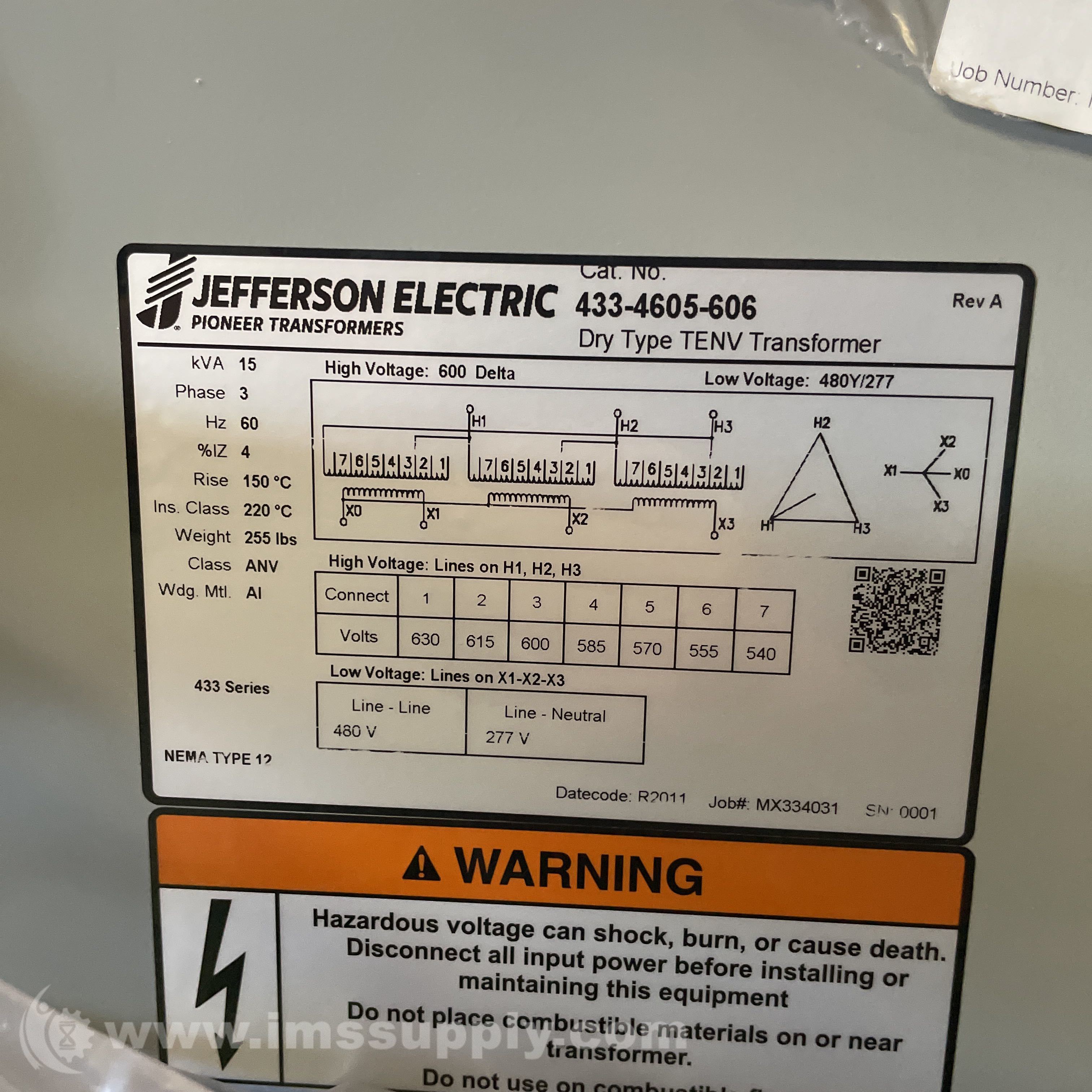 Jefferson Electric 433-4605-606 Dry Type Transformer - IMS Supply