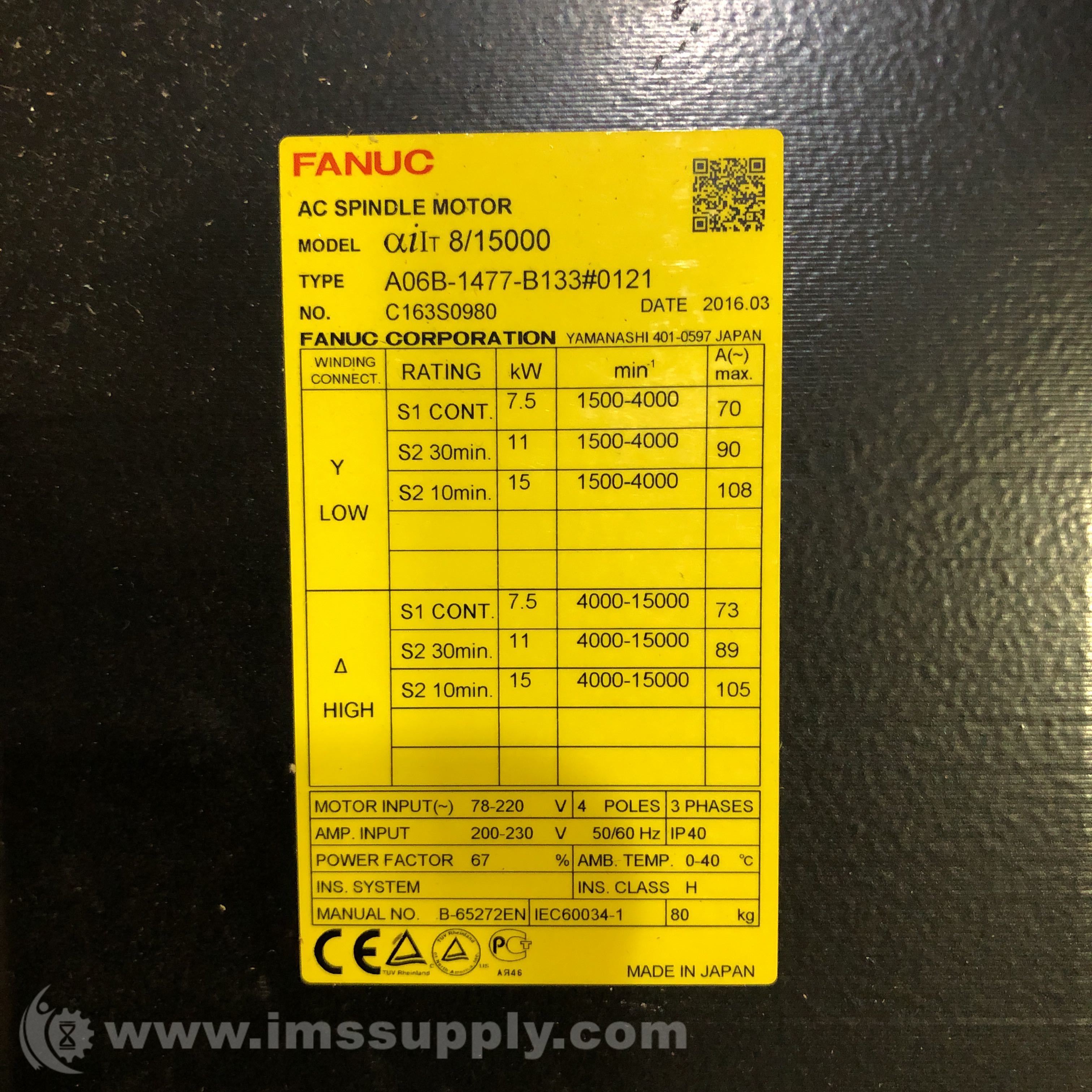 Fanuc A06B-1477-B133#0121 AC Spindle Motor - IMS Supply Fanuc A06B-1477-B133#0121 AC Spindle Motor - IMS Supply