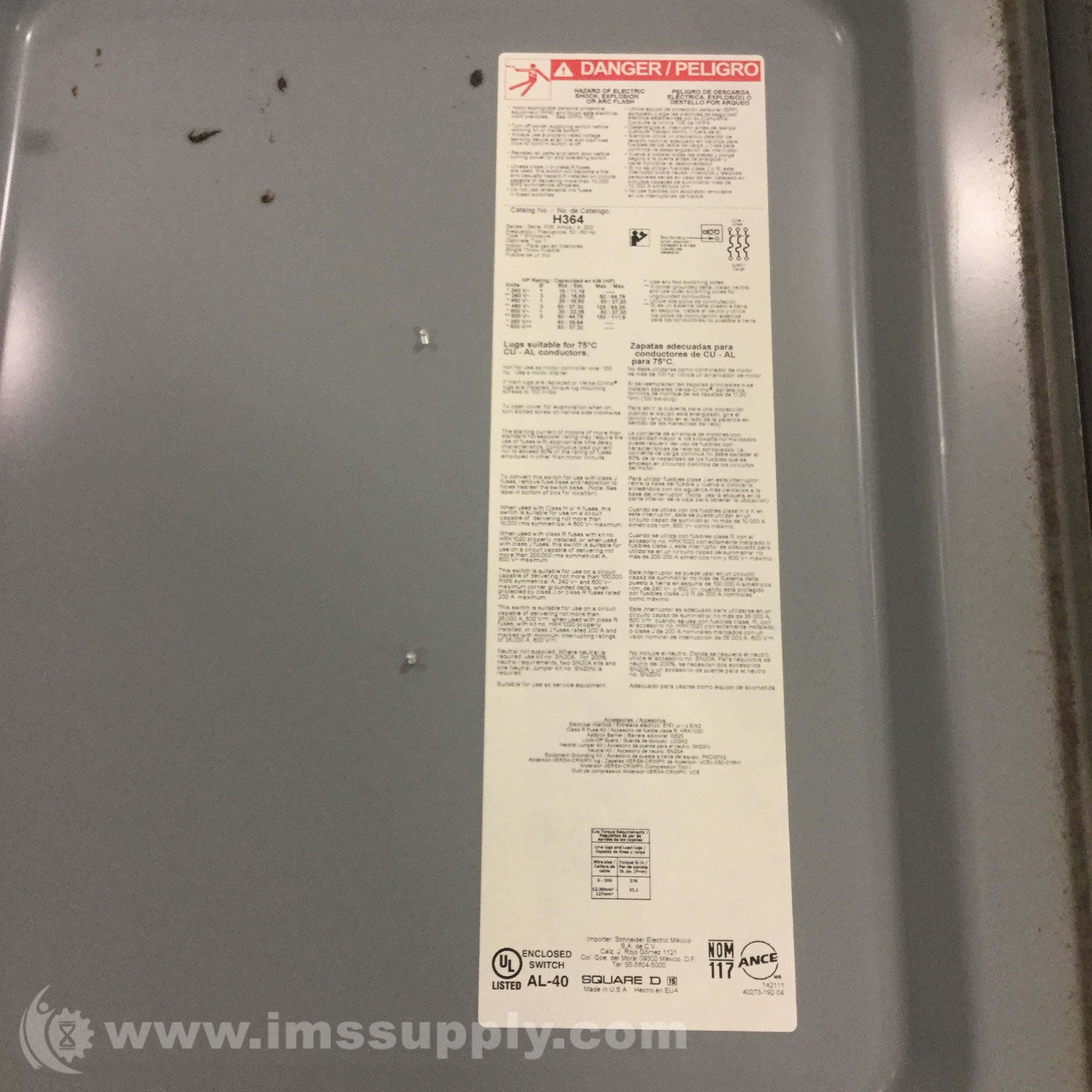 Interruttore Di Sicurezza Square D H364, 200A, 600VAC, Usato Ma In Buone Condizioni, Heavy Duty