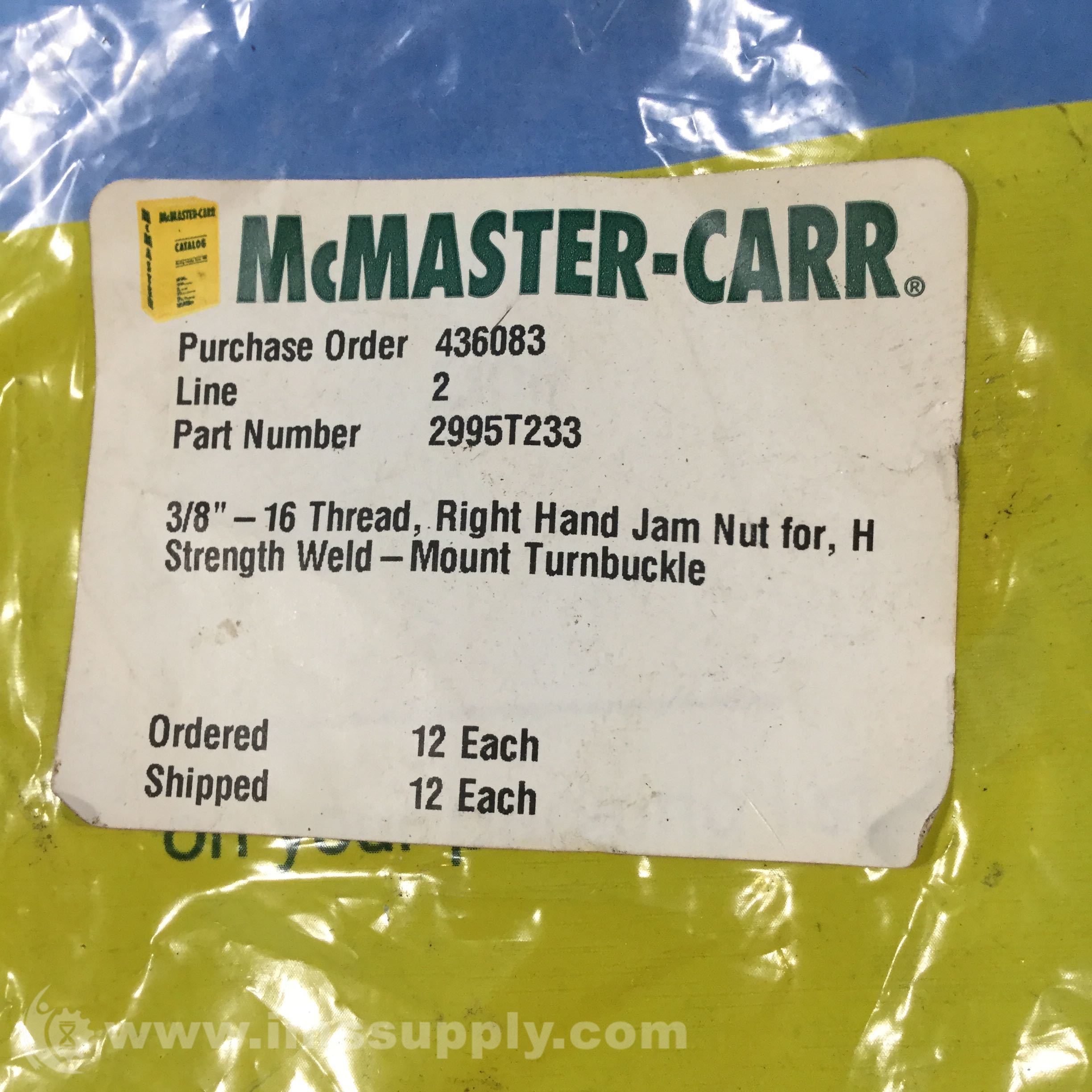 McMasterCarr 2995T233 Jam Nut Set for Steel Turnbuckle, 3/8 IMS Supply