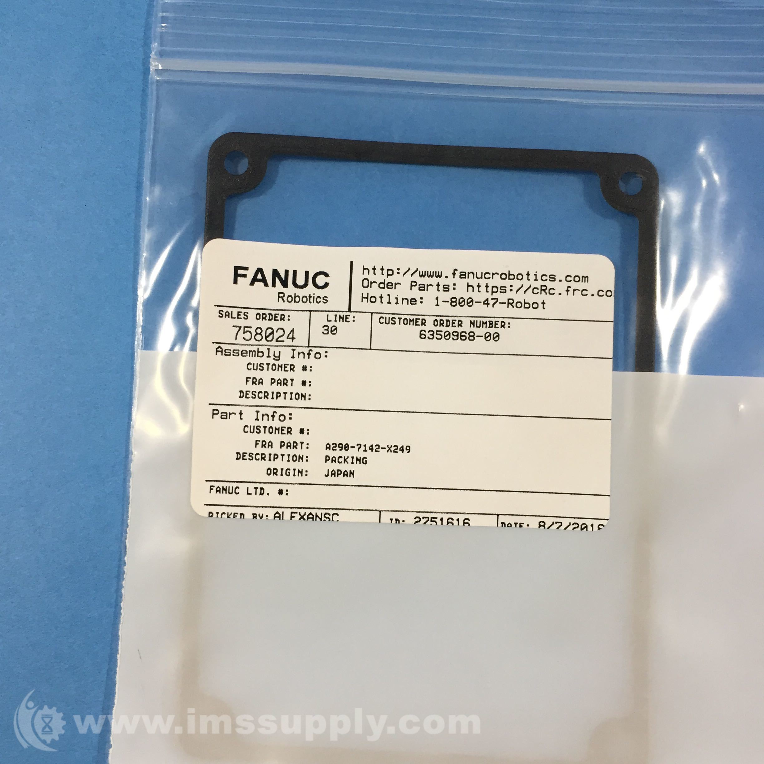 Fanuc A2907142X249 Packing Gasket IMS Supply