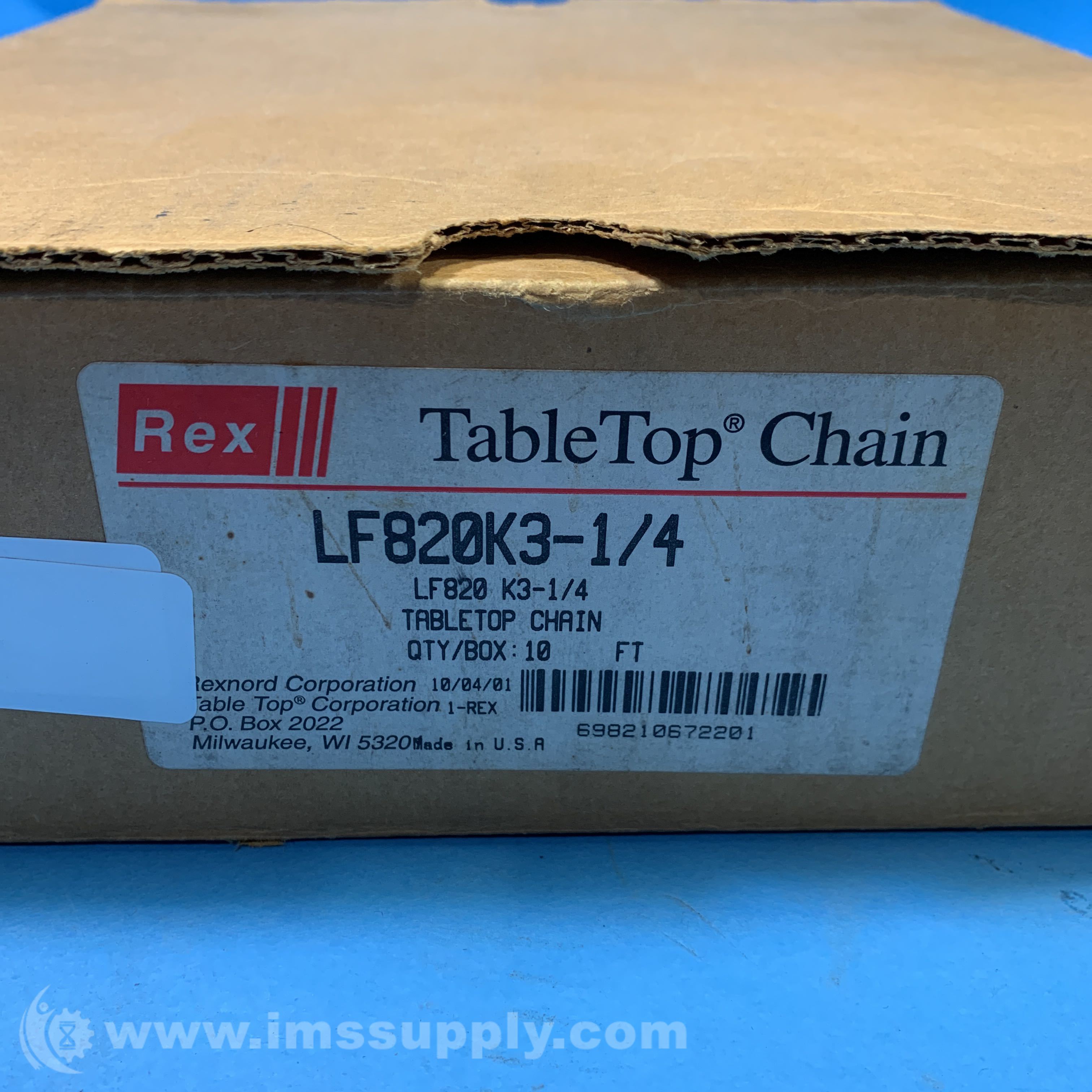 Rexnord LF820K3-1/4 3.25 Inch Wide TableTop Chain Molded In