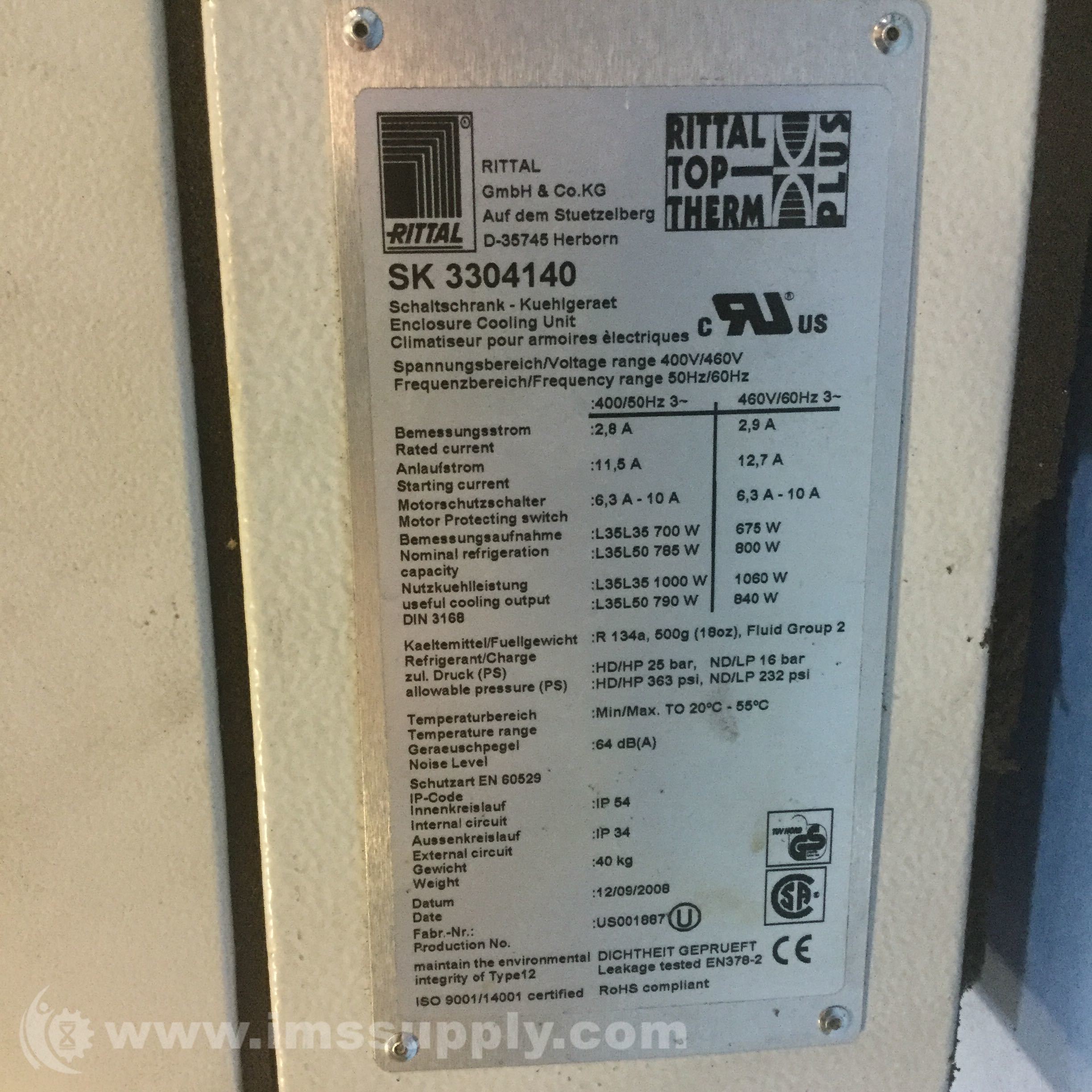 Rittal 3304140 Enclosure Cooling Unit, 1000W 600m3/h 400-460 V ac - IMS ...