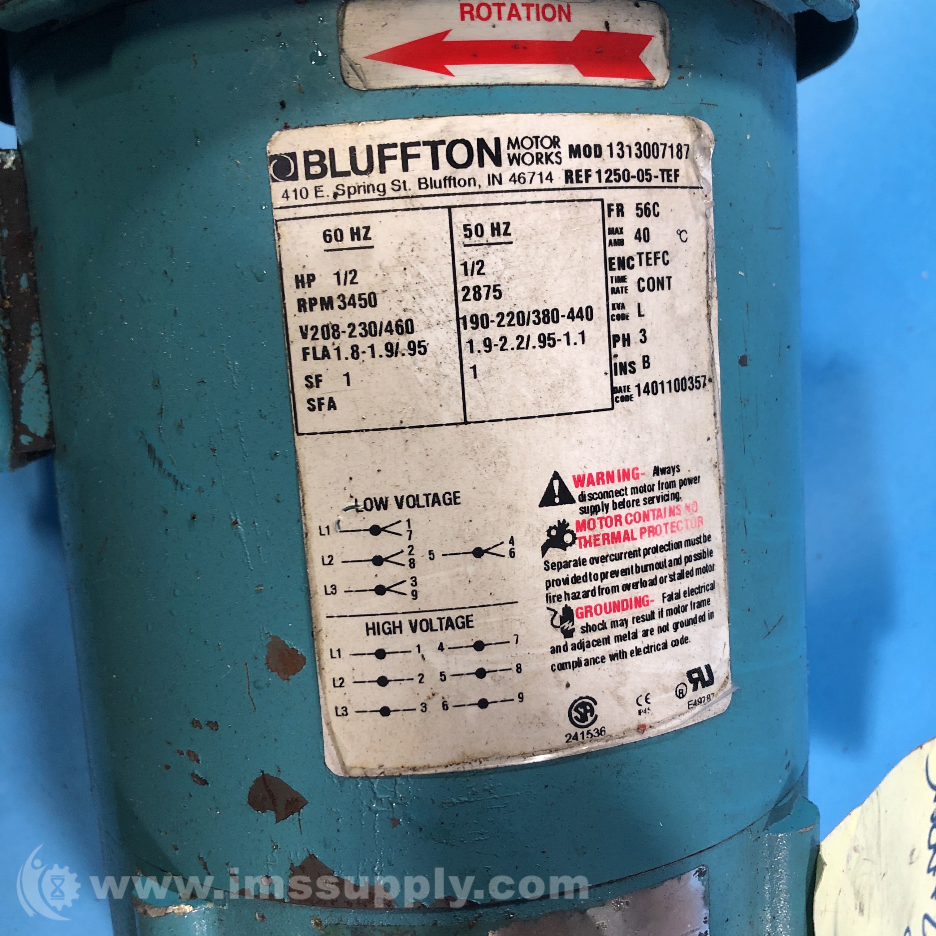 Bluffton Motor Works 1313007187 56C Frame 40 Amps 3 Phase Motor IMS