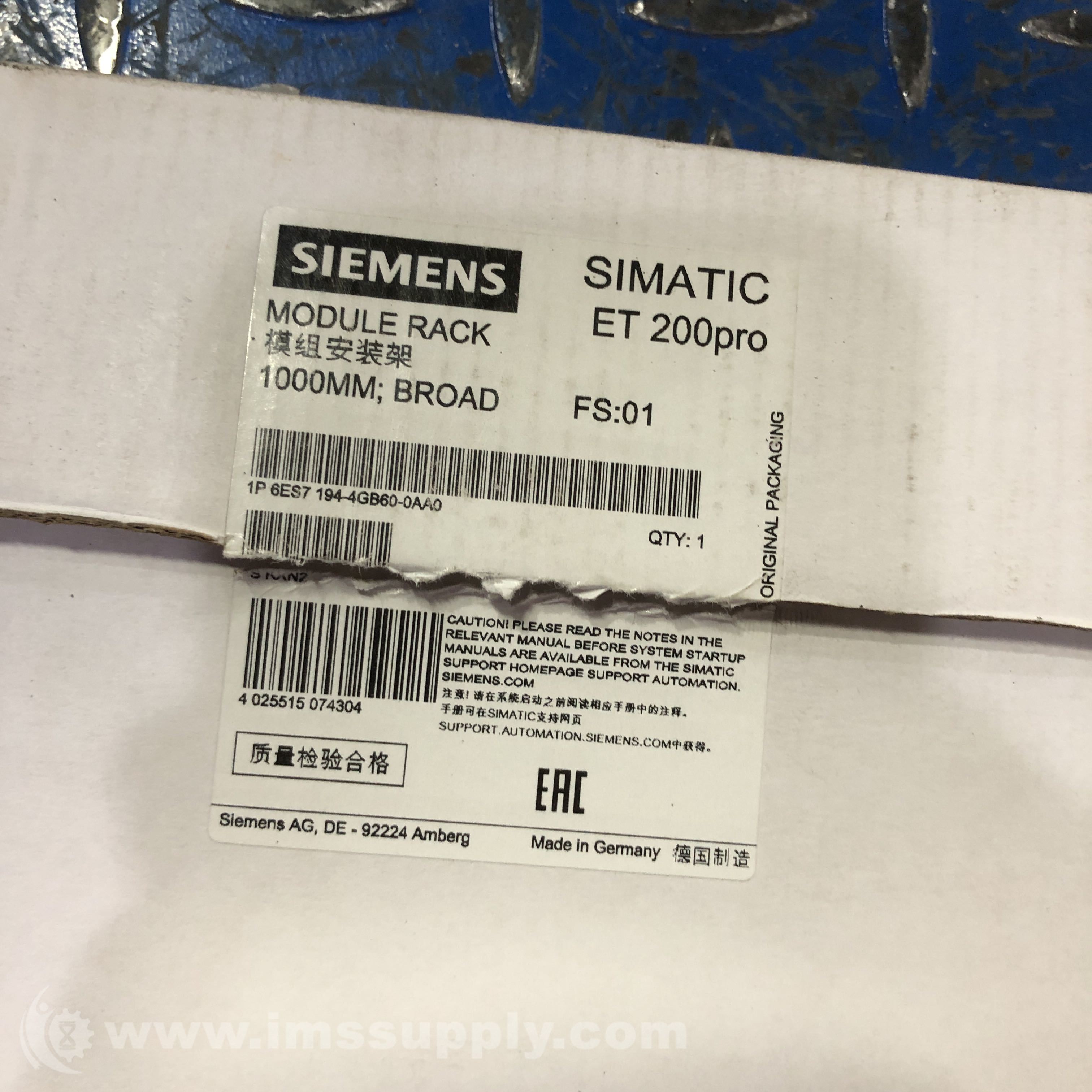 Siemens 6ES7194-4GB60-0AA0 Module Rack, Simatic ET 200pro - IMS Supply