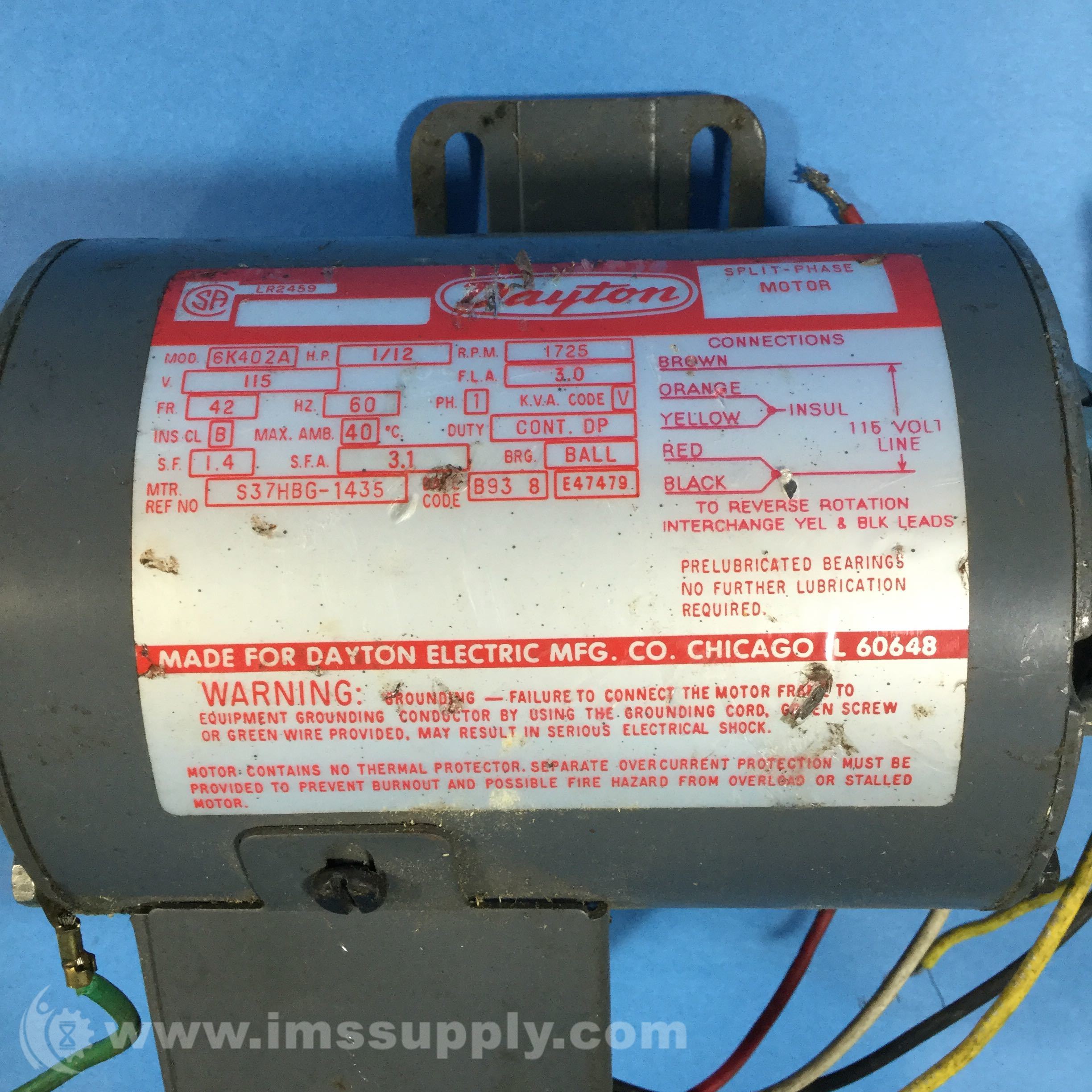 Dayton 6k402a 1 2hp 1725rpm 1phase 42frame Split Phase Motor Ims