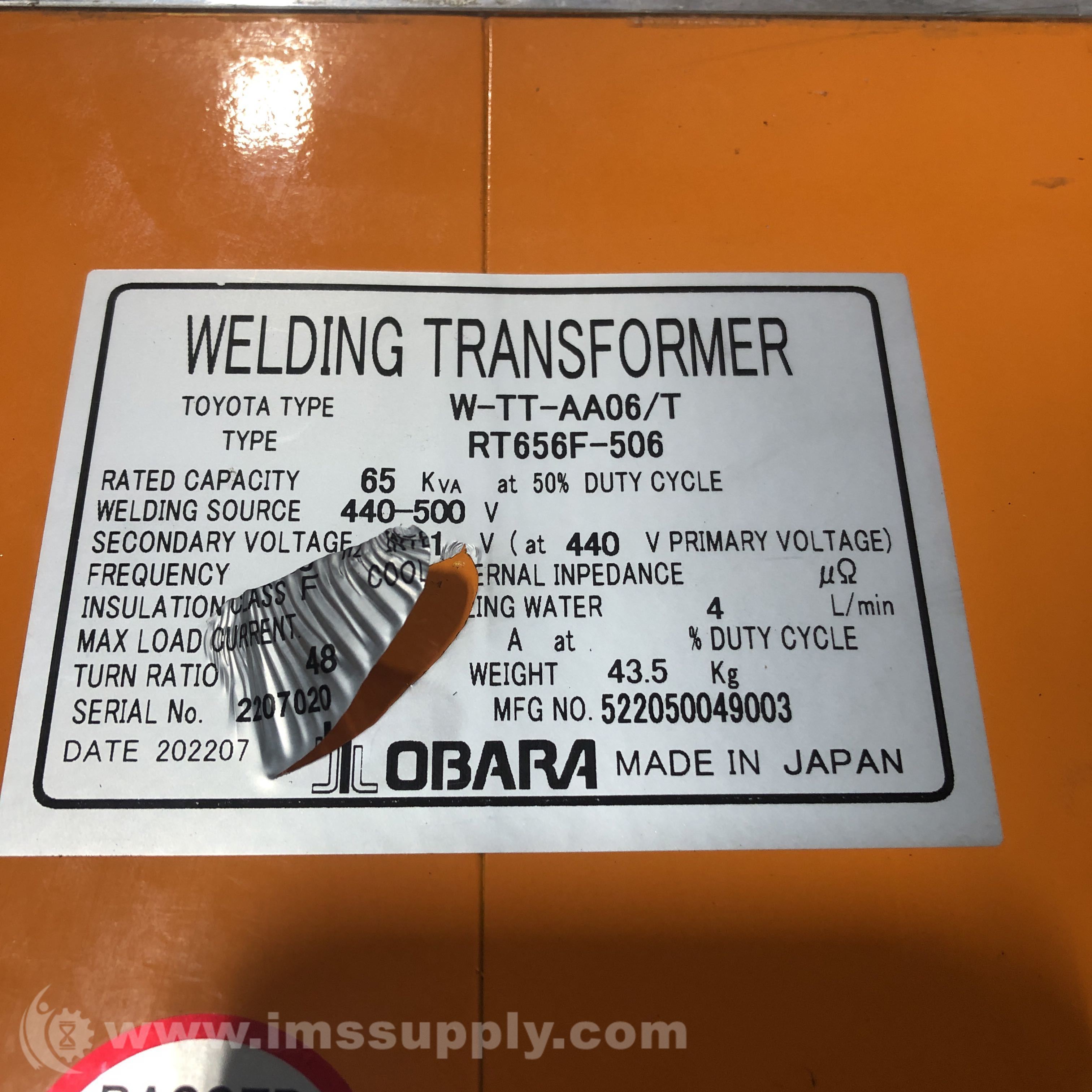Obara Corp W-TT-AA06/T Transformer, Electrical, RT656F-506 - IMS Supply