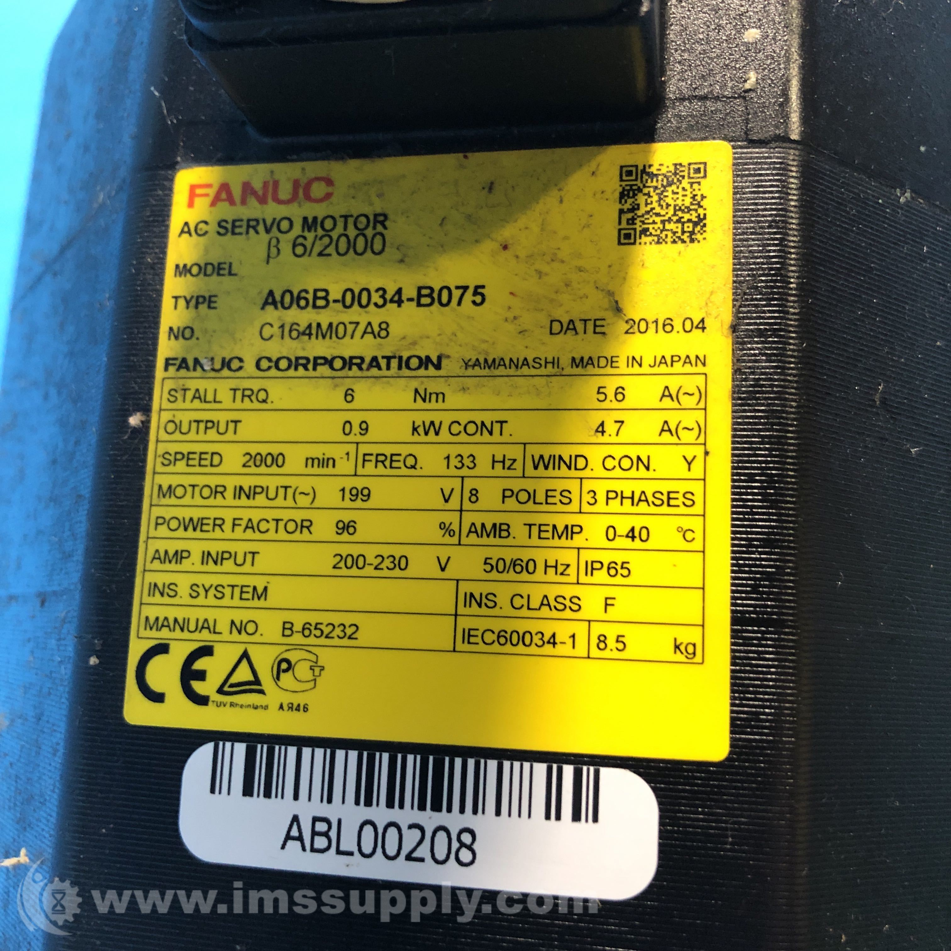 Fanuc A06B0034B075 ThreePhase AC Servo Motor IMS Supply