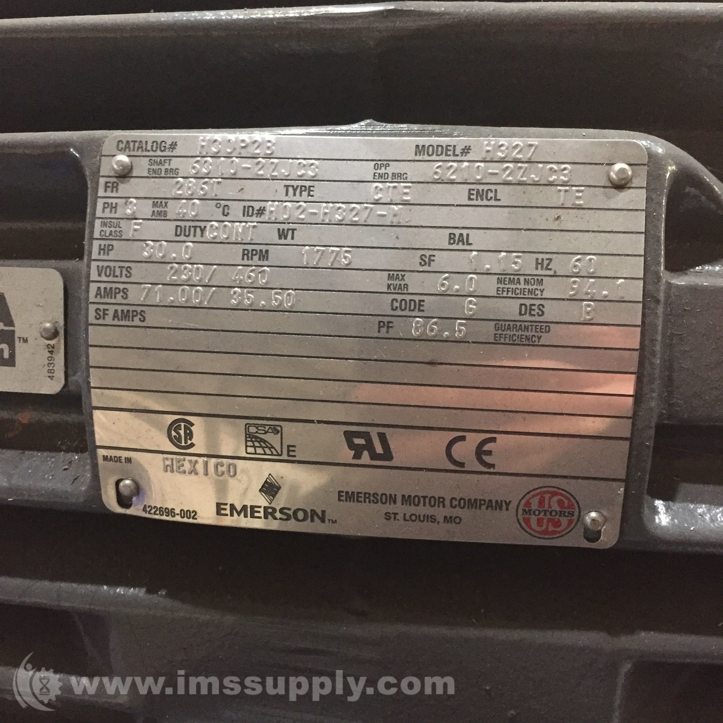 Emerson H30P2B Electric Motor, 30 HP, 1775 RPM, 230/460V IMS Supply