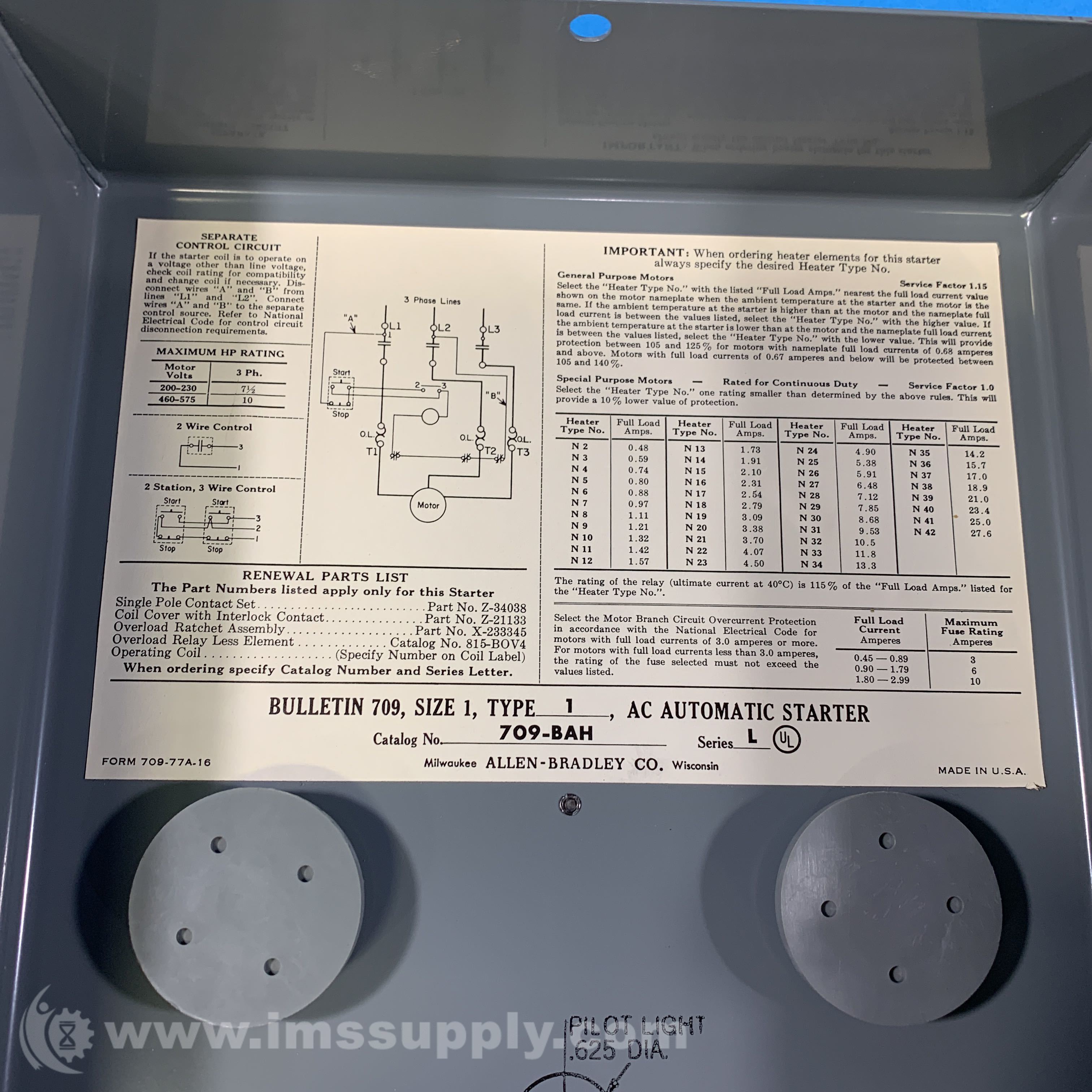 Allen Bradley 709-BAH Series L AC Automatic Starter - IMS Supply