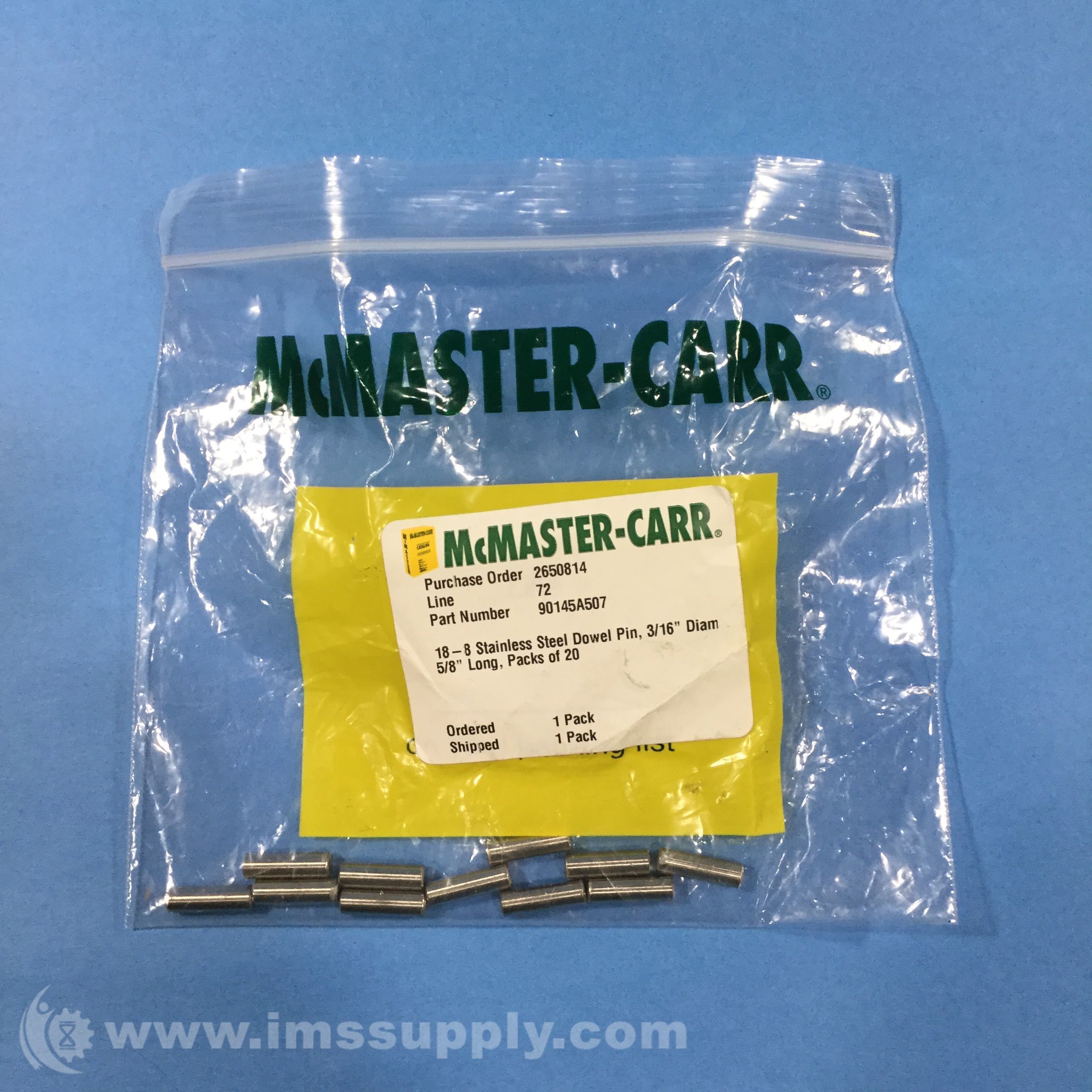 McMasterCarr 90145A507 Bag of 20 188 Stainless Steel Dowel Pins IMS Supply