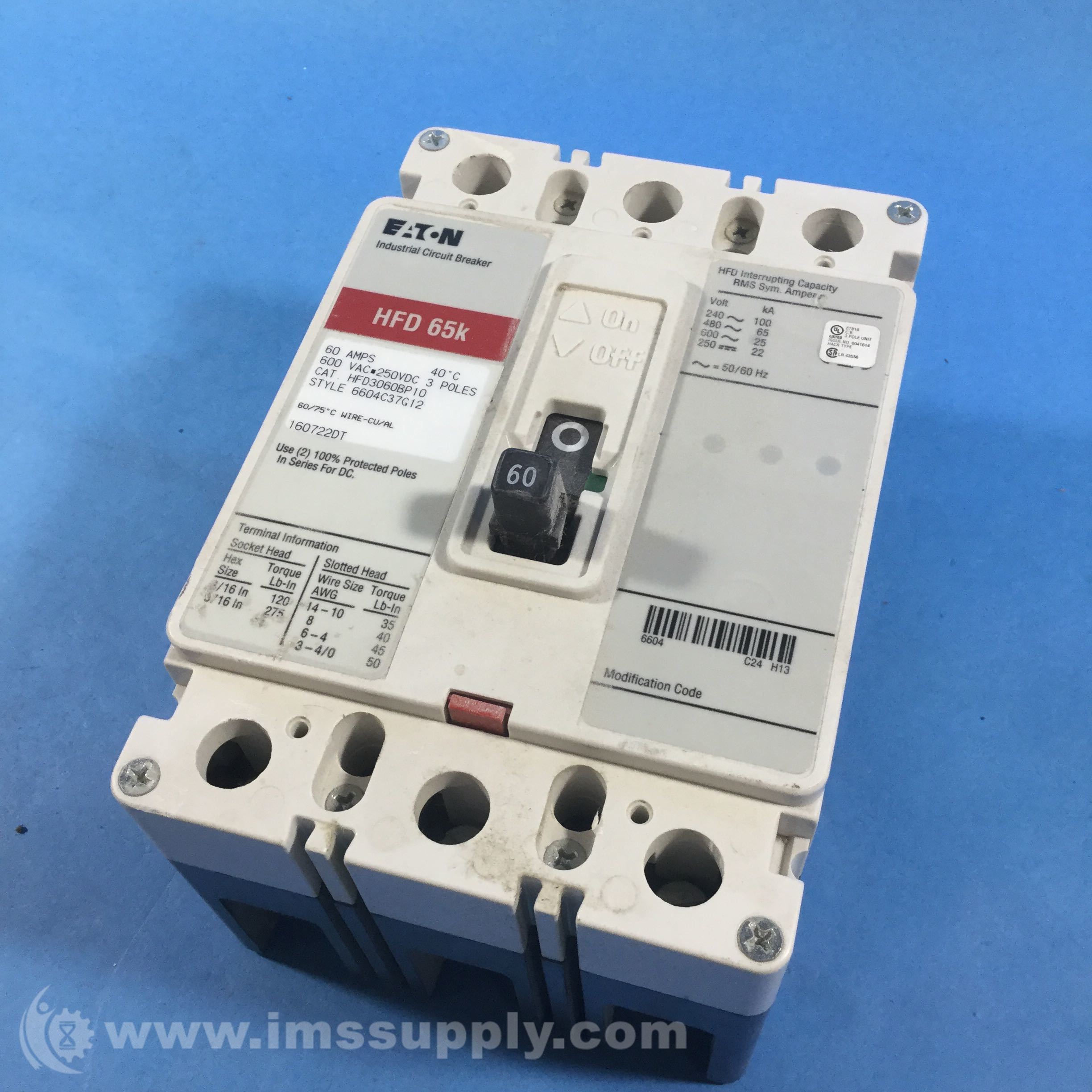 Eaton HFD3060BP10, 60 AMP 3 Pole Breaker 600 Volt HFD 65K IMS Supply