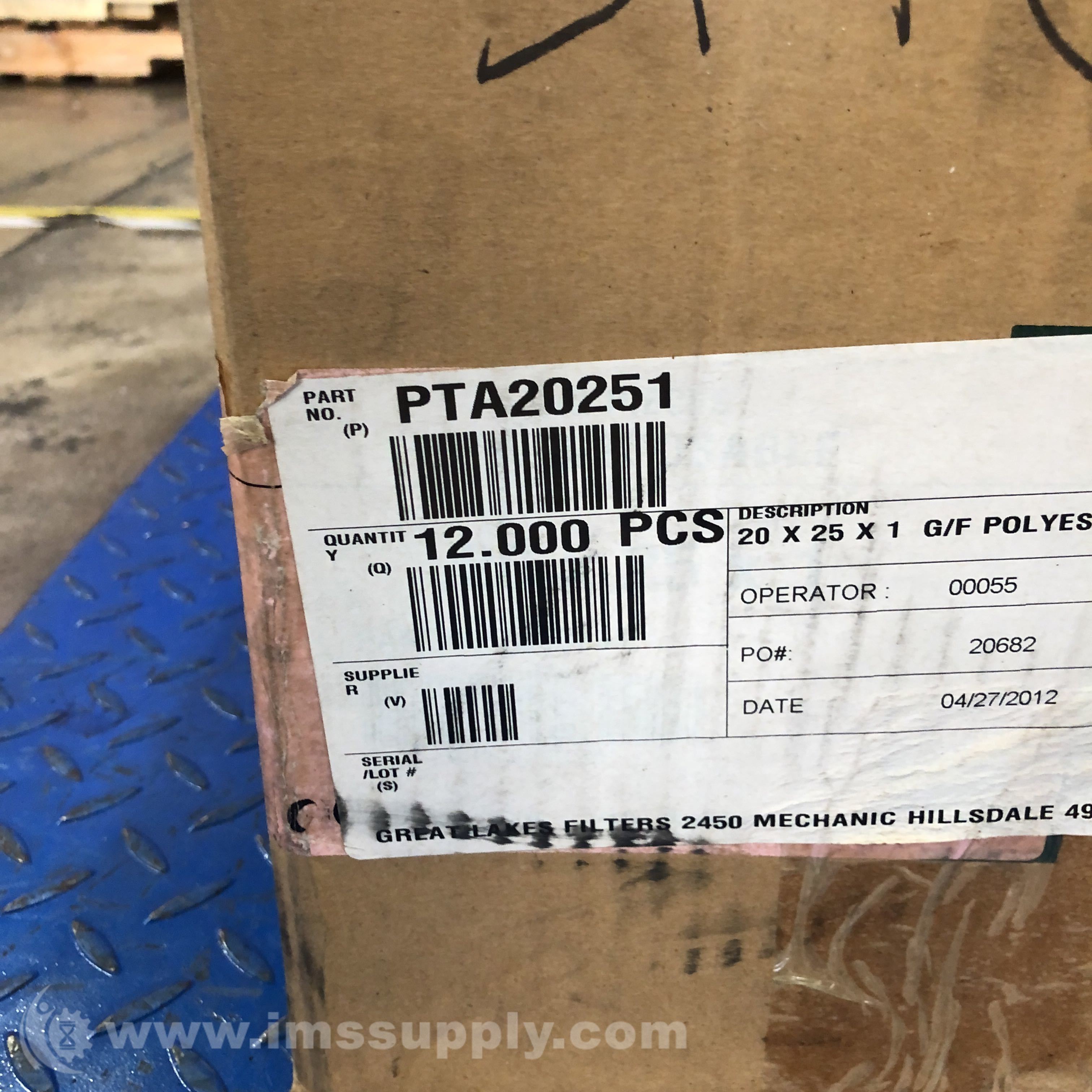 Glasfloss Industries PTA20251 Box of 12 20x25x1 in Air Filters IMS Supply