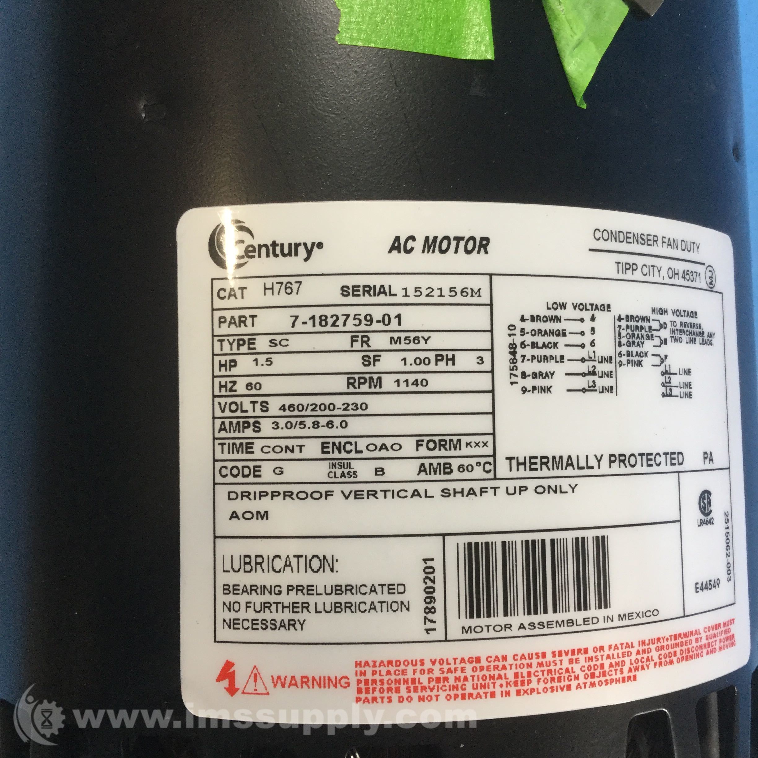 Century Electric Motors 718275901 Motor 460/200230VAC 36AMP IMS