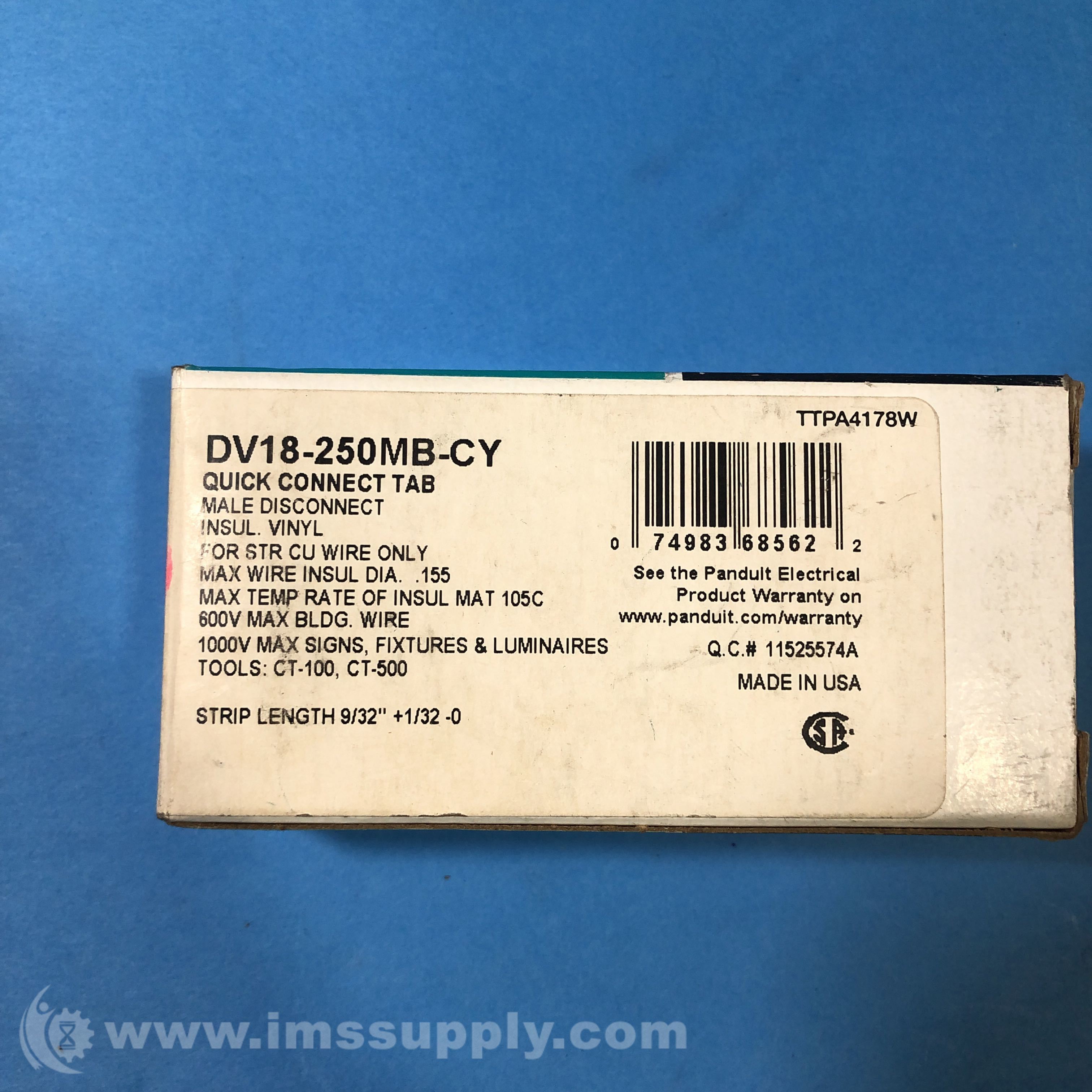 Panduit DV18250MBCY Box of 100 Male Tab Disconnect Terminals IMS Supply