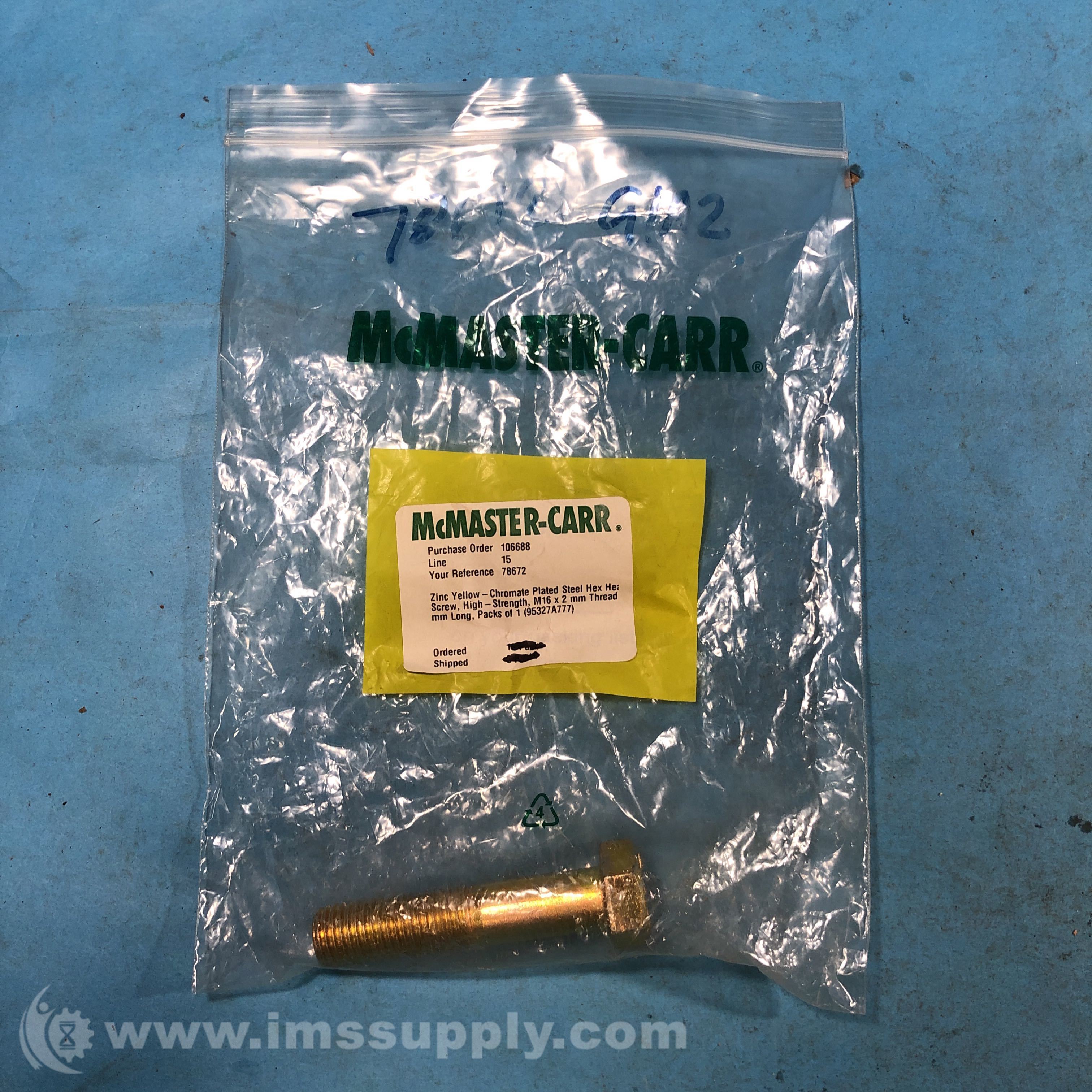 McMasterCarr 95327A777 Zinc YellowChromate Hex Head Screw IMS Supply