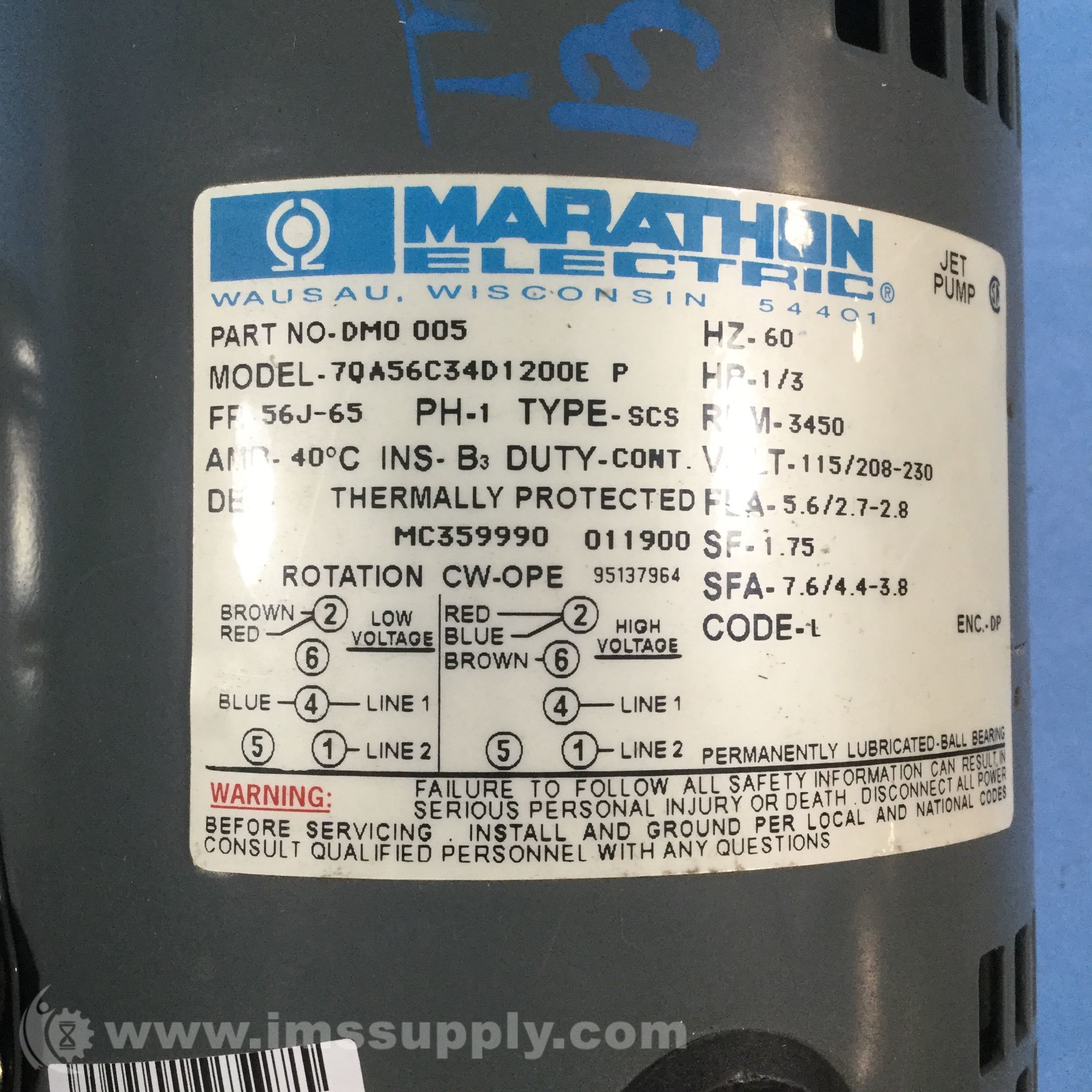 Marathon Electric 7QA56C34D1200E P Jet Pump Motor, 60HZ, 1/3HP IMS Supply
