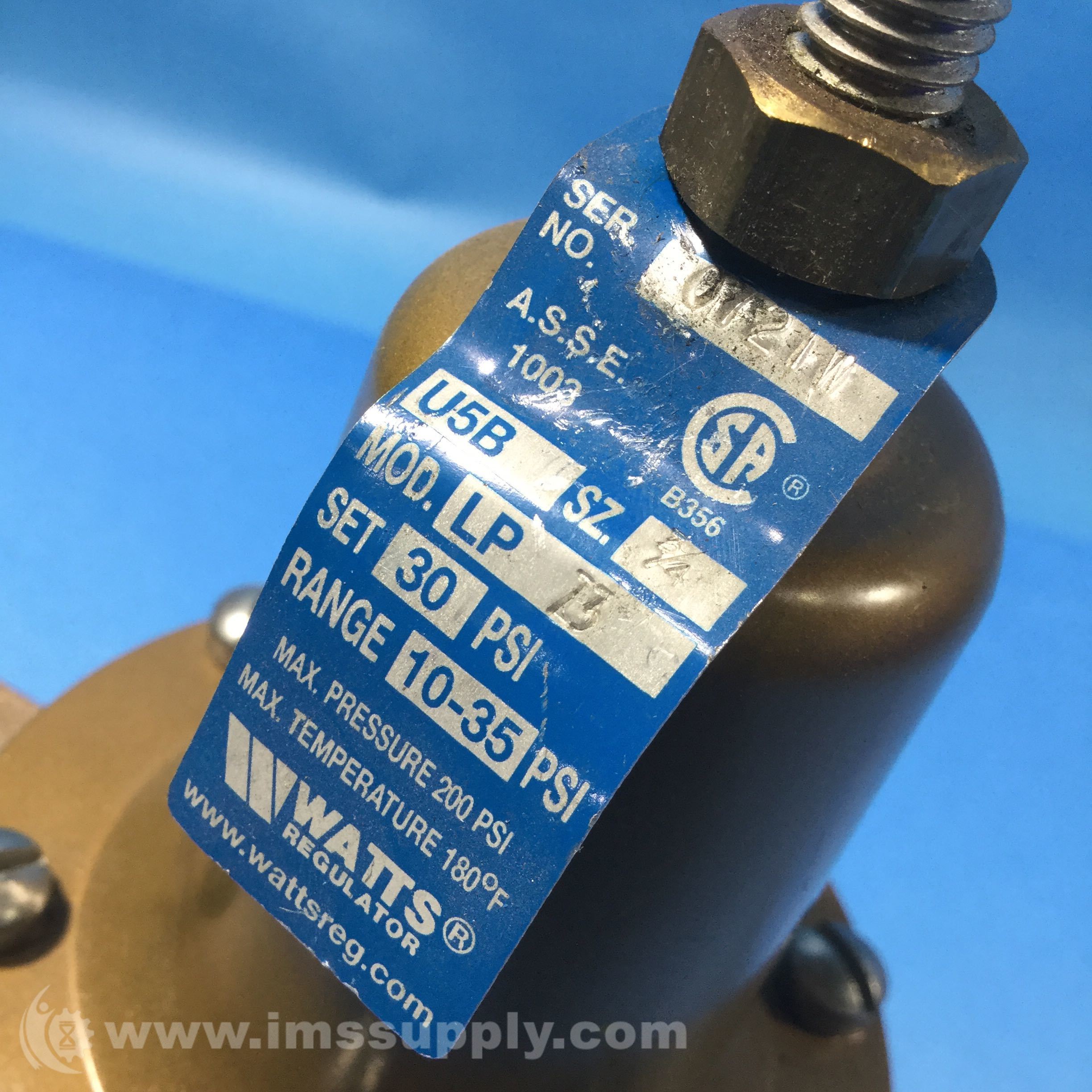 Watts Regulator 3/4 U5BLPZ3 Water Pressure Reducing Valve IMS Supply